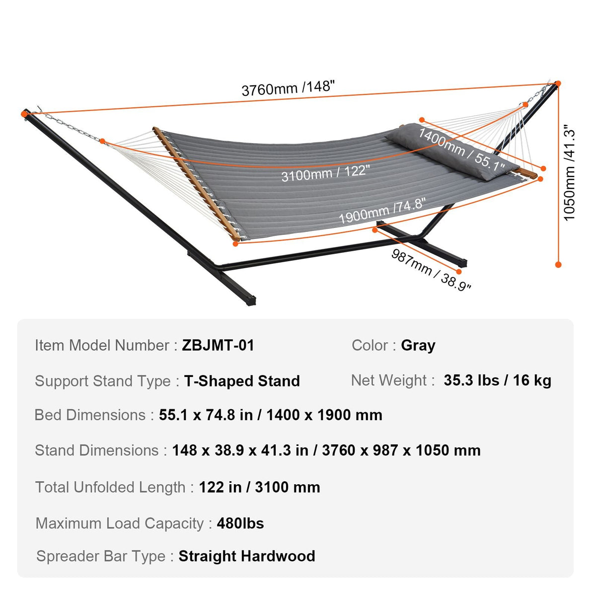 Two Person Hammock with Stand Included Heavy Duty 480lb Capacity, Double Hammock with 12 FT Steel Stand and Portable Carrying Bag and Pillow, Freestanding Hammock for Outdoor Patio Yard Beach