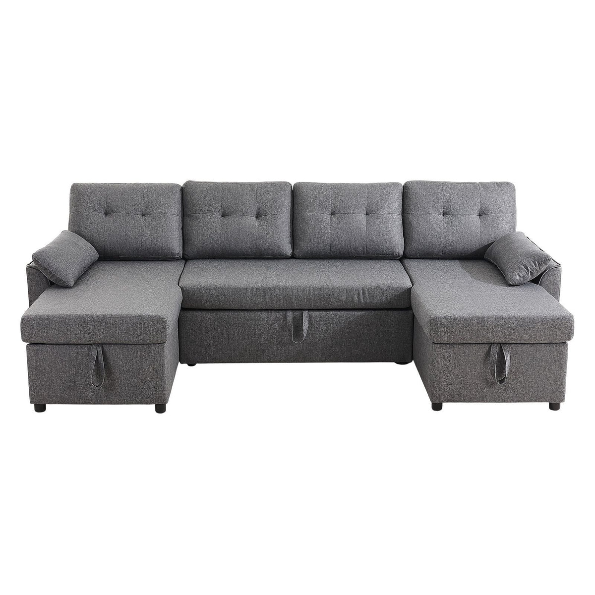 U Shaped Sofa Bed, Convertible Sofa Bed with 2 Side Pockets, 2 Pillows and Double Chaise, 6-Seat Pull Out Sleeper Couch with Large Storage Capacity for Living Room, Apartment, Metal Frame, Gray