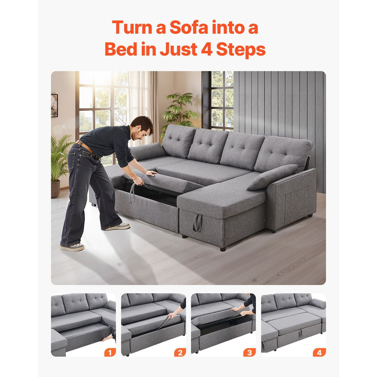 U Shaped Sofa Bed, Convertible Sofa Bed with 2 Side Pockets, 2 Pillows and Double Chaise, 6-Seat Pull Out Sleeper Couch with Large Storage Capacity for Living Room, Apartment, Metal Frame, Gray