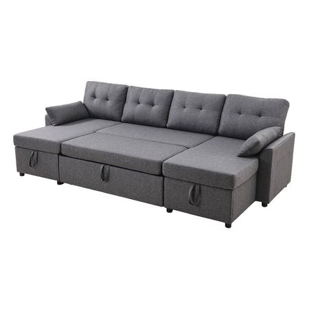 U Shaped Sofa Bed, Convertible Sofa Bed with 2 Side Pockets, 2 Pillows and Double Chaise, 6-Seat Pull Out Sleeper Couch with Large Storage Capacity for Living Room, Apartment, Metal Frame, Gray
