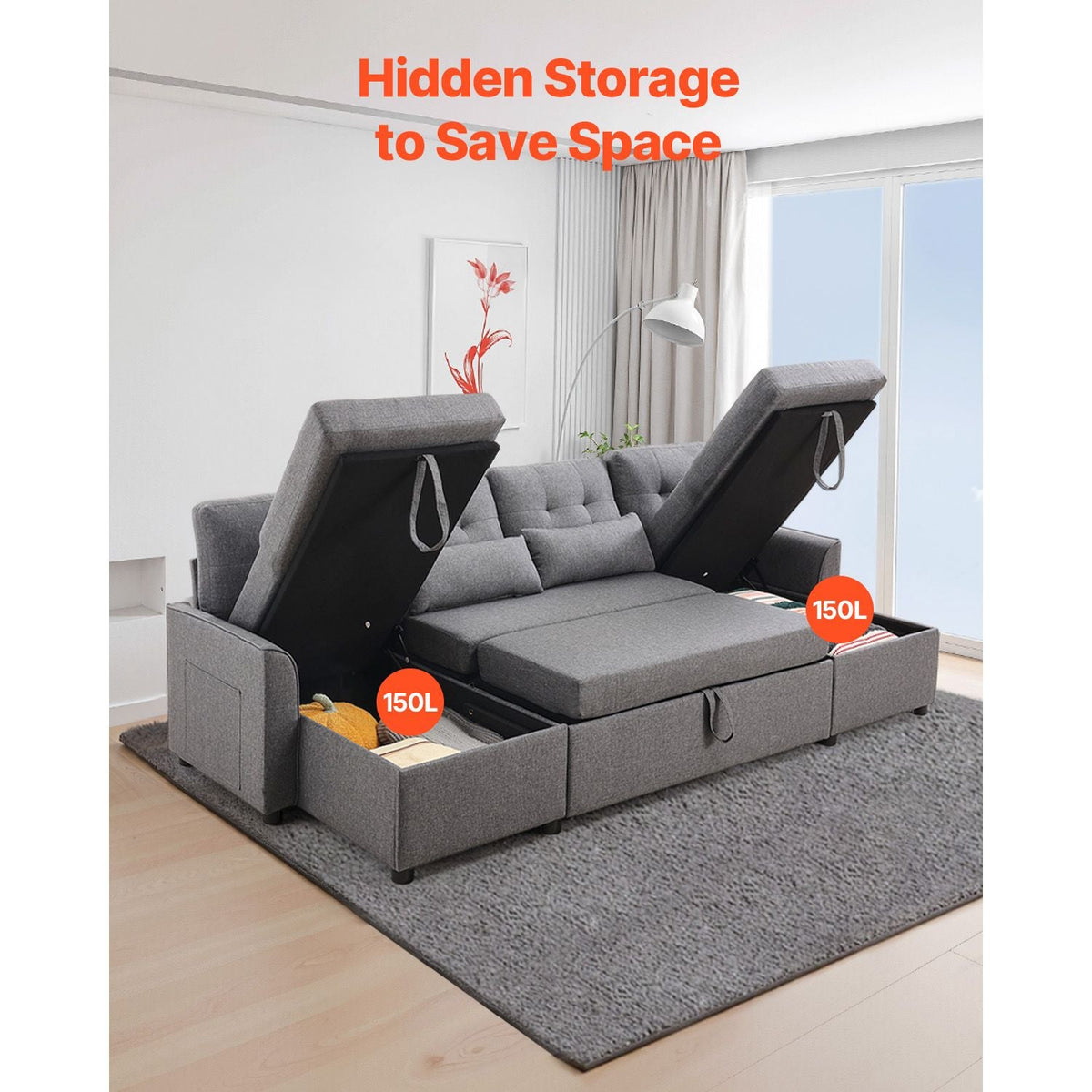 U Shaped Sofa Bed, Convertible Sofa Bed with 2 Side Pockets, 2 Pillows and Double Chaise, 6-Seat Pull Out Sleeper Couch with Large Storage Capacity for Living Room, Apartment, Metal Frame, Gray