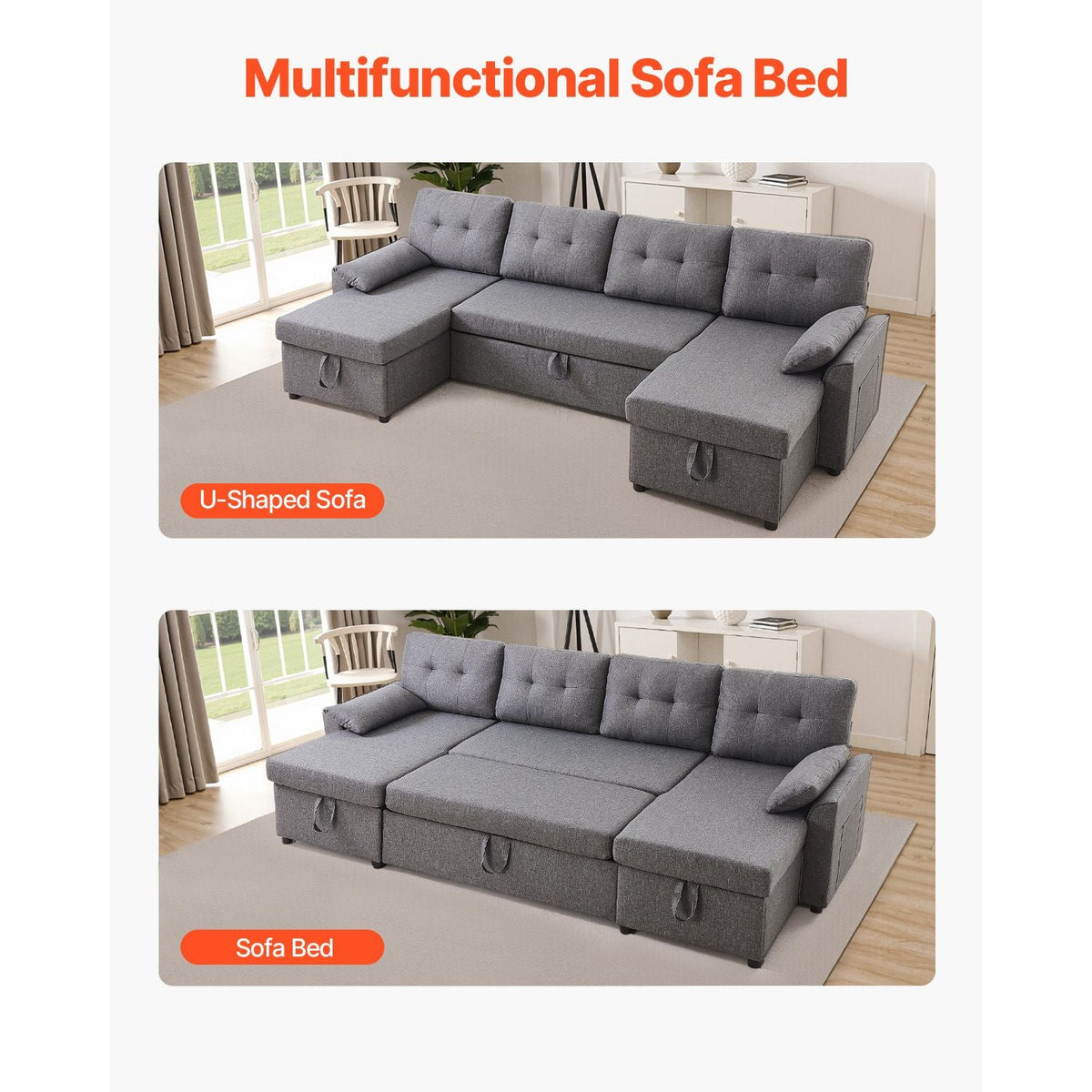 U Shaped Sofa Bed, Convertible Sofa Bed with 2 Side Pockets, 2 Pillows and Double Chaise, 6-Seat Pull Out Sleeper Couch with Large Storage Capacity for Living Room, Apartment, Metal Frame, Gray