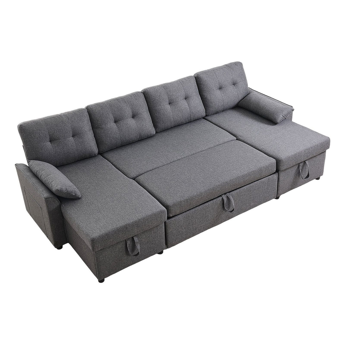 U Shaped Sofa Bed, Convertible Sofa Bed with 2 Side Pockets, 2 Pillows and Double Chaise, 6-Seat Pull Out Sleeper Couch with Large Storage Capacity for Living Room, Apartment, Metal Frame, Gray