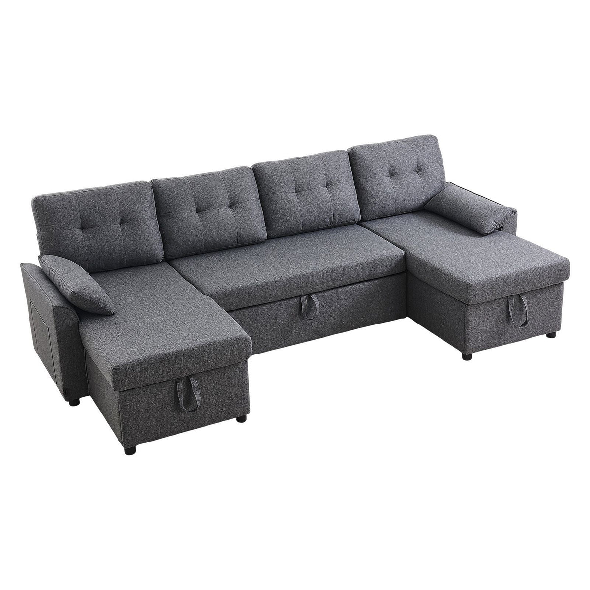 U Shaped Sofa Bed, Convertible Sofa Bed with 2 Side Pockets, 2 Pillows and Double Chaise, 6-Seat Pull Out Sleeper Couch with Large Storage Capacity for Living Room, Apartment, Metal Frame, Gray