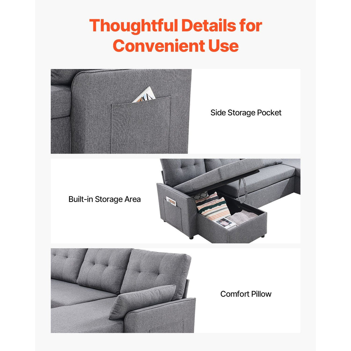 U Shaped Sofa Bed, Convertible Sofa Bed with 2 Side Pockets, 2 Pillows and Double Chaise, 6-Seat Pull Out Sleeper Couch with Large Storage Capacity for Living Room, Apartment, Metal Frame, Gray