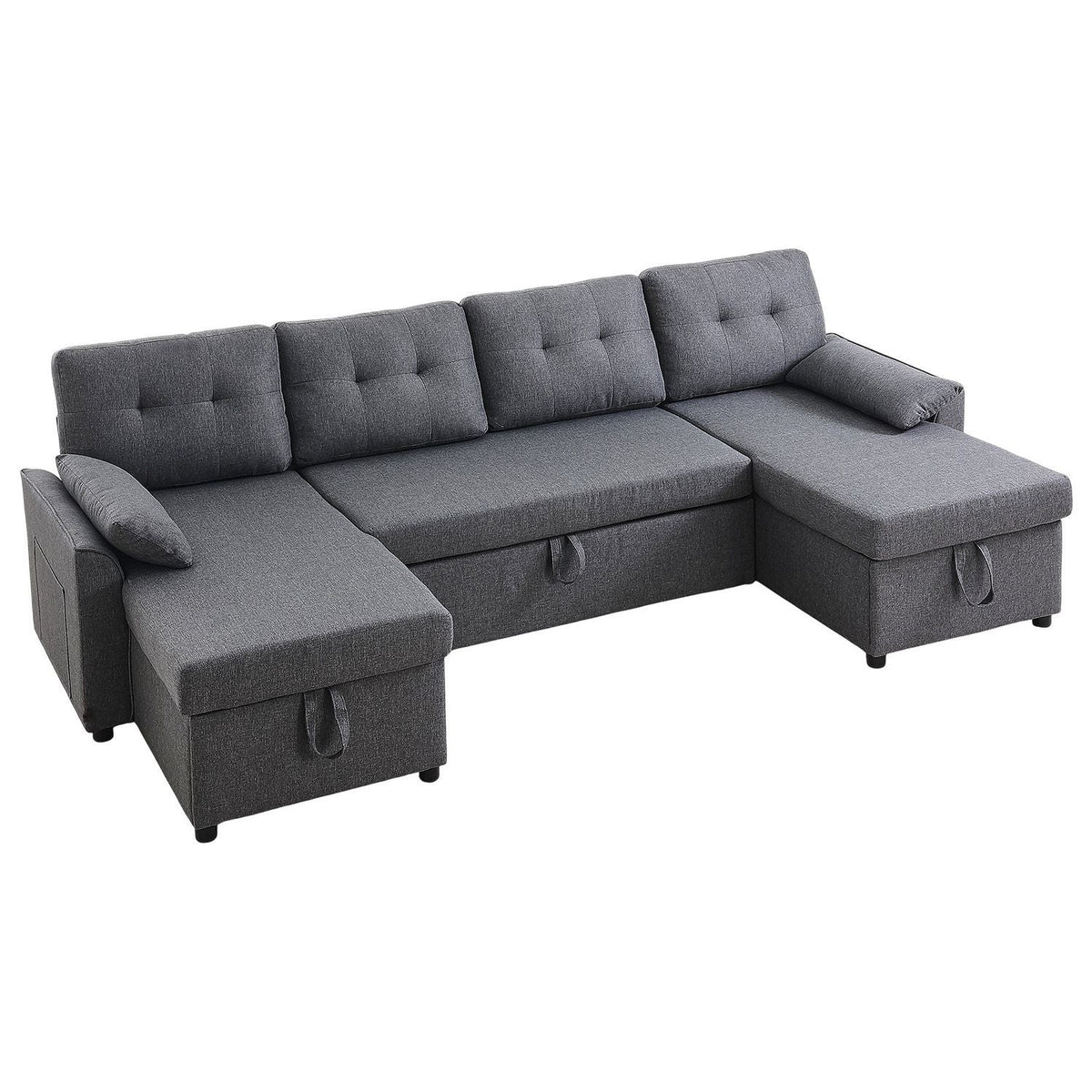 U Shaped Sofa Bed, Convertible Sofa Bed with 2 Side Pockets, 2 Pillows and Double Chaise, 6-Seat Pull Out Sleeper Couch with Large Storage Capacity for Living Room, Apartment, Metal Frame, Gray