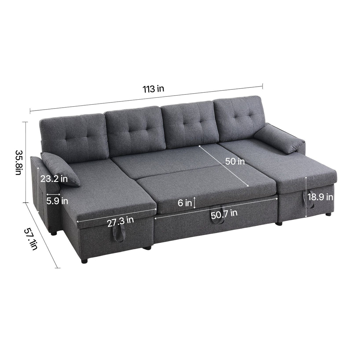 U Shaped Sofa Bed, Convertible Sofa Bed with 2 Side Pockets, 2 Pillows and Double Chaise, 6-Seat Pull Out Sleeper Couch with Large Storage Capacity for Living Room, Apartment, Metal Frame, Gray