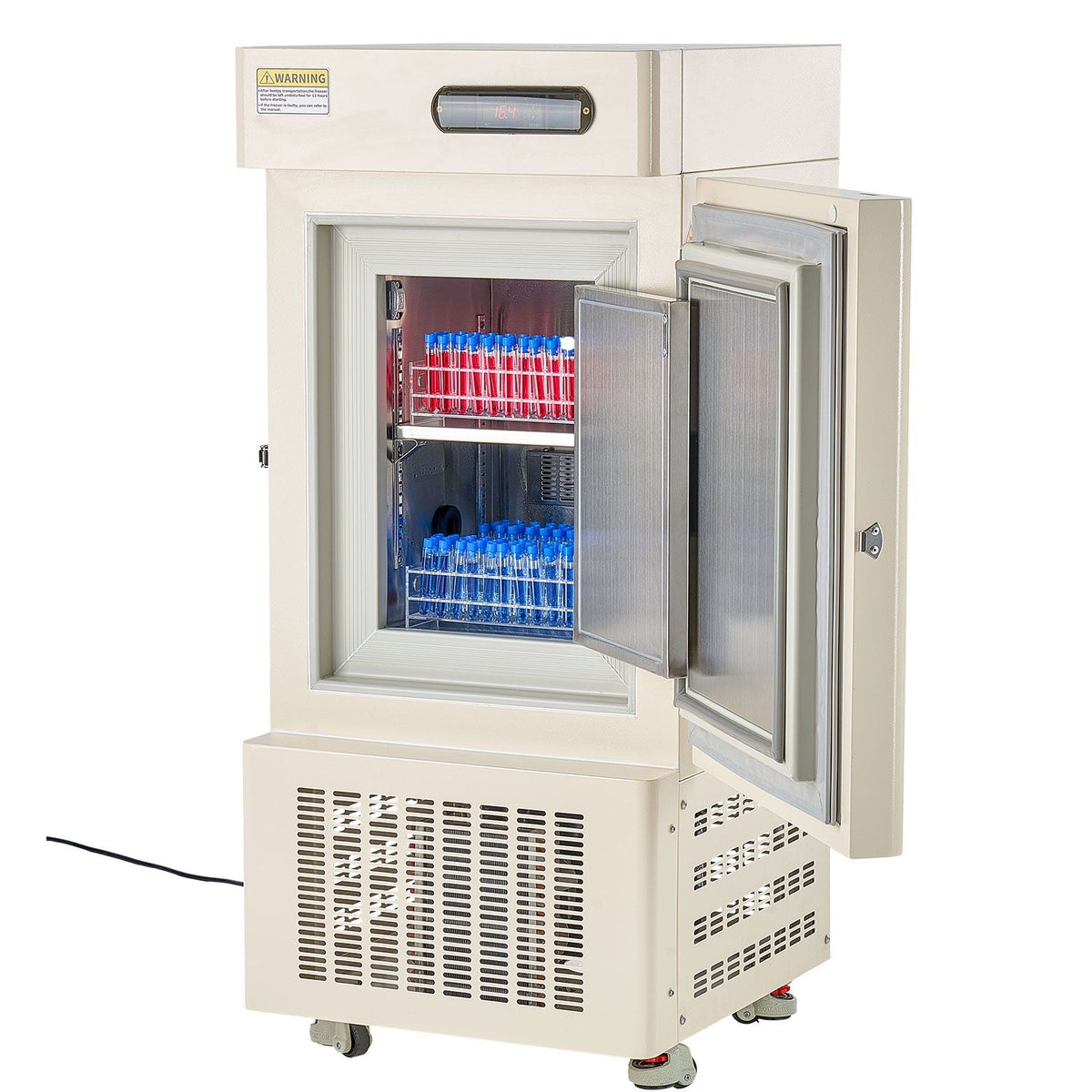 Ultra Low Temperature Freezer, 28 L, −40 Fahrenheit to −123 Fahrenheit Adjustable Temp Range, with Rollers and Digital Display, 304 Stainless Steel Liner, Low Temperature Lab Freezer