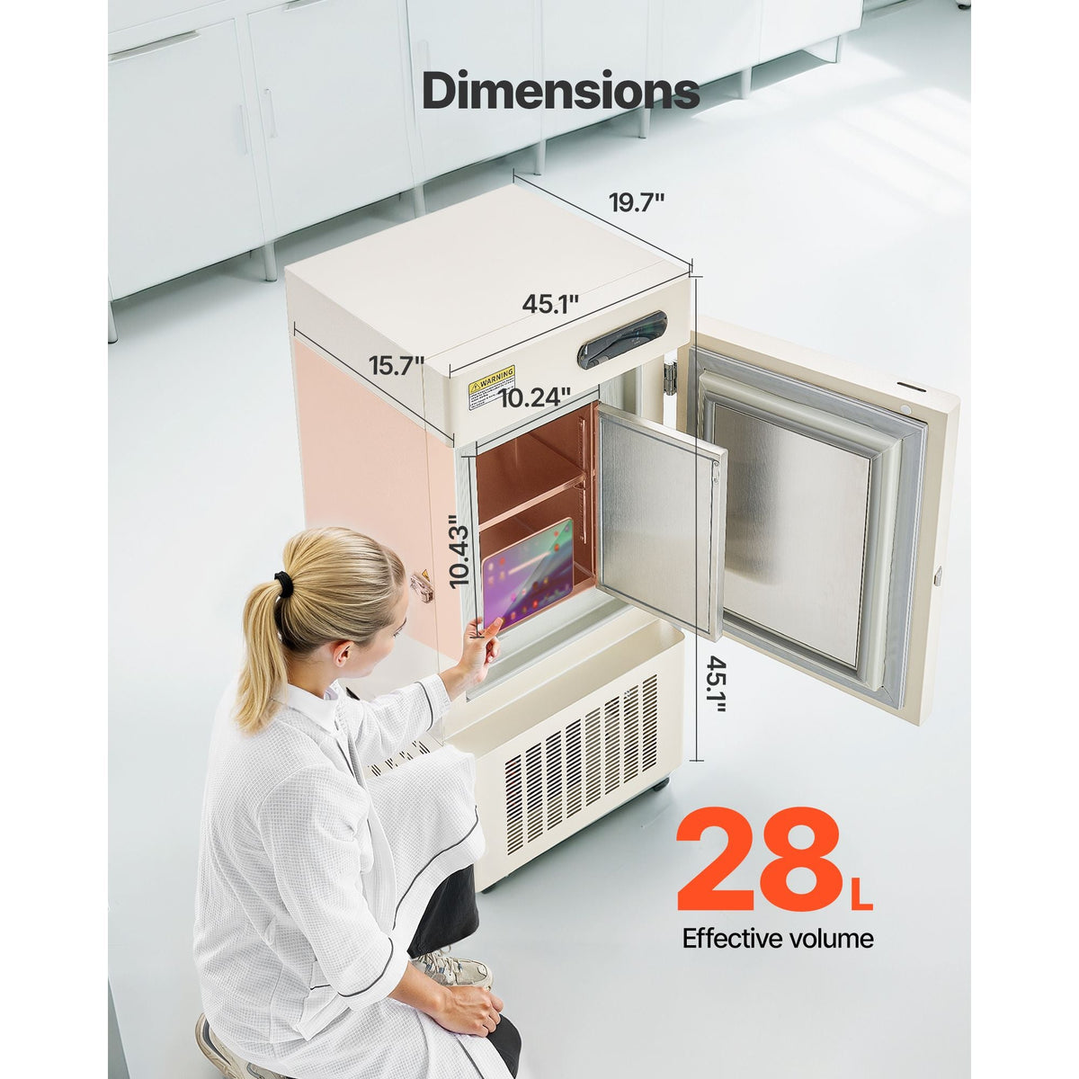 Ultra Low Temperature Freezer, 28 L, −40 Fahrenheit to −123 Fahrenheit Adjustable Temp Range, with Rollers and Digital Display, 304 Stainless Steel Liner, Low Temperature Lab Freezer