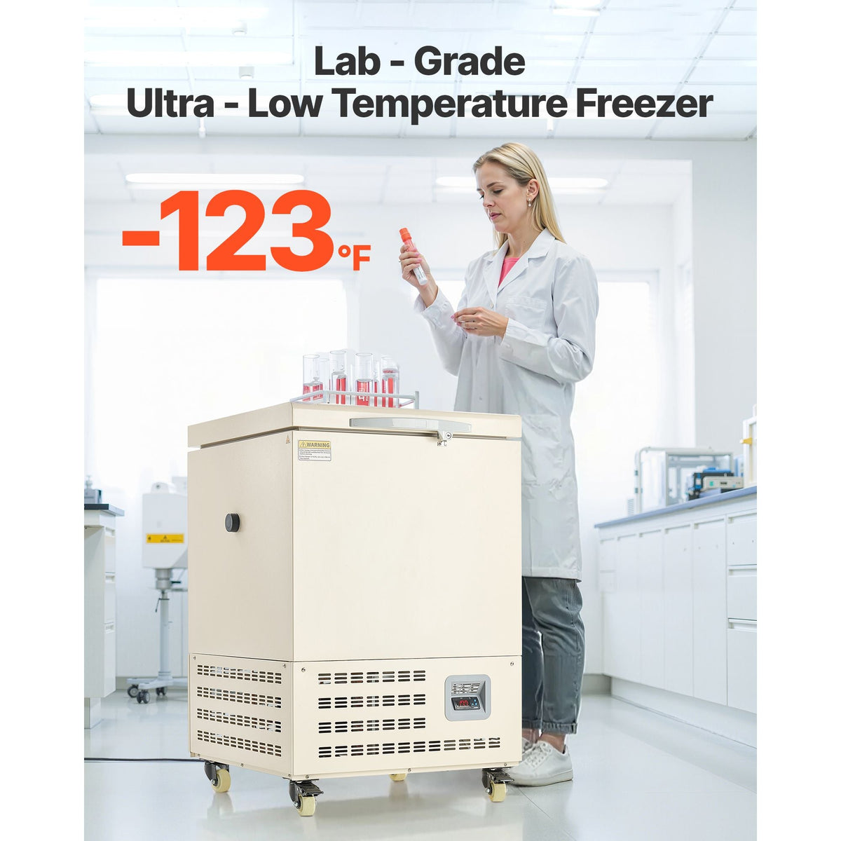 Ultra Low Temperature Freezer, 58 L, -40 to -123 F Adjustable Temp Range, with Rollers and Digital Display, 304 Stainless Steel Liner, Low Temperature Lab Freezer for Laboratory Samples Storage
