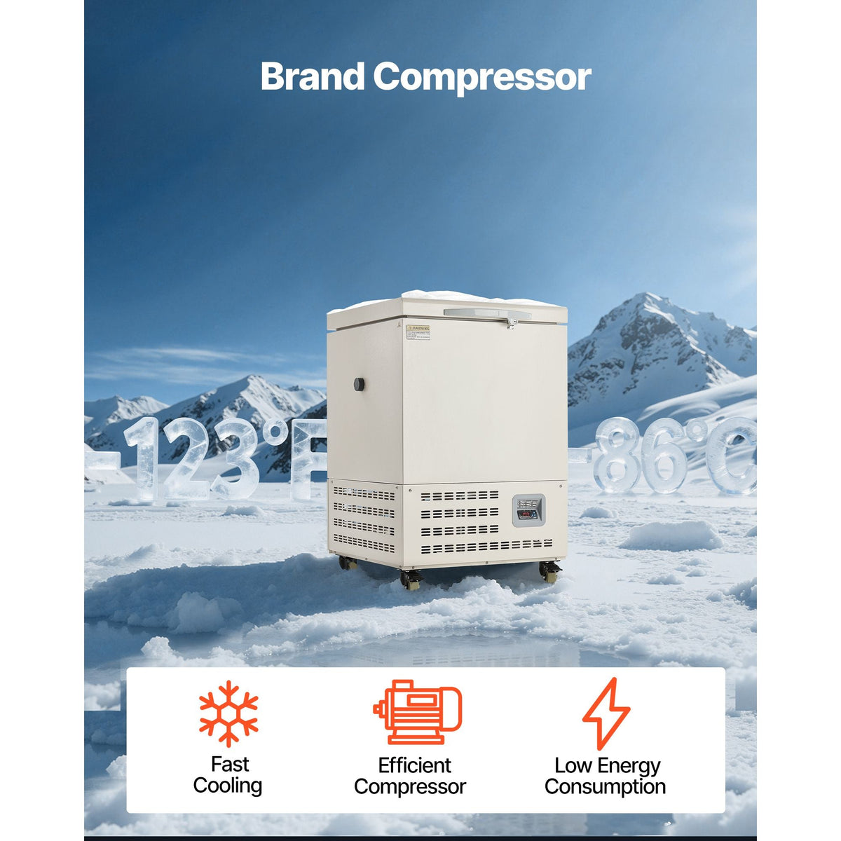 Ultra Low Temperature Freezer, 58 L, -40 to -123 F Adjustable Temp Range, with Rollers and Digital Display, 304 Stainless Steel Liner, Low Temperature Lab Freezer for Laboratory Samples Storage