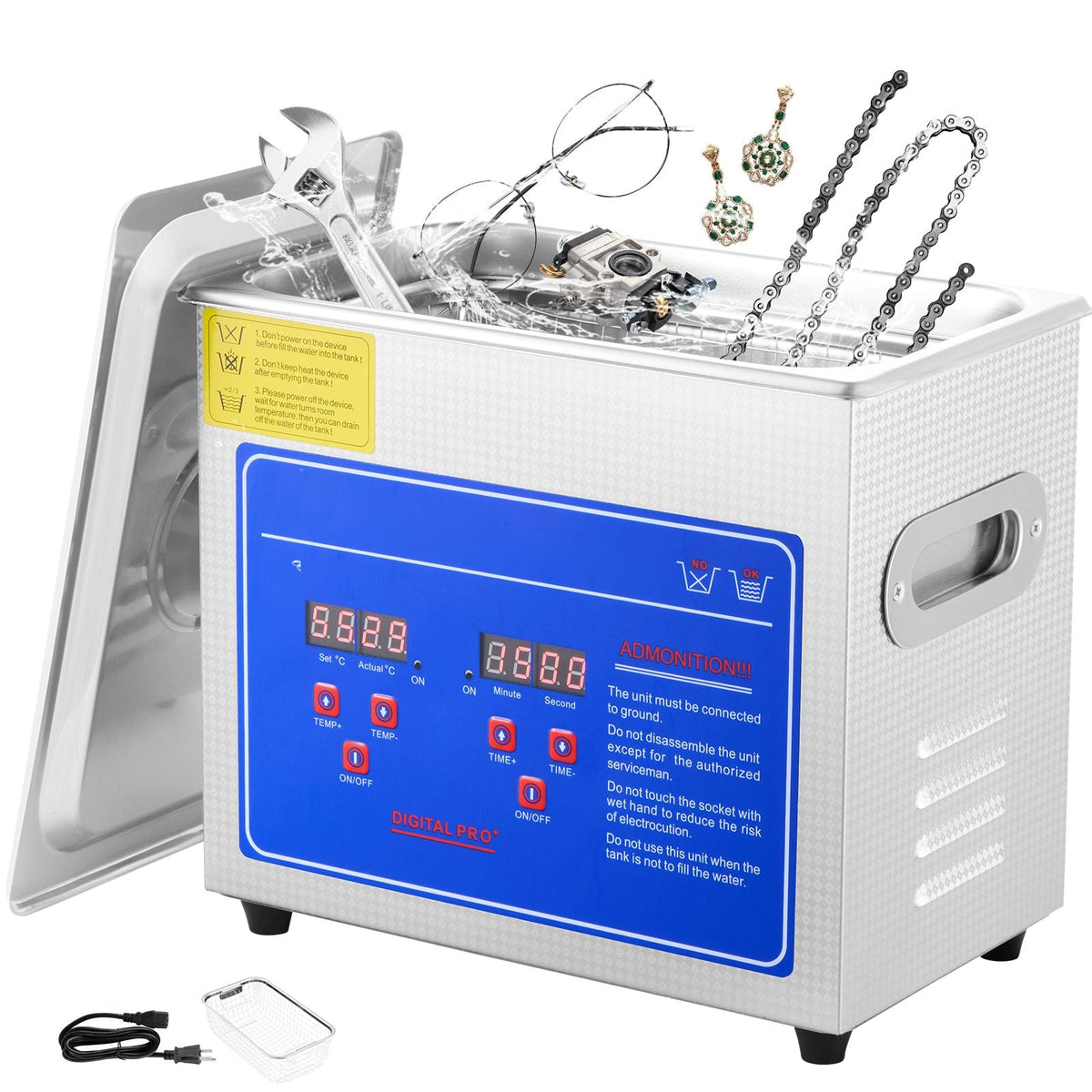 Ultrasonic Cleaner with Digital Timer & Heater, Professional Ultra Sonic Jewelry Cleaner, Stainless Steel Heated Cleaning Machine for Glasses Watch Rings Small Parts Circuit Board (3L)
