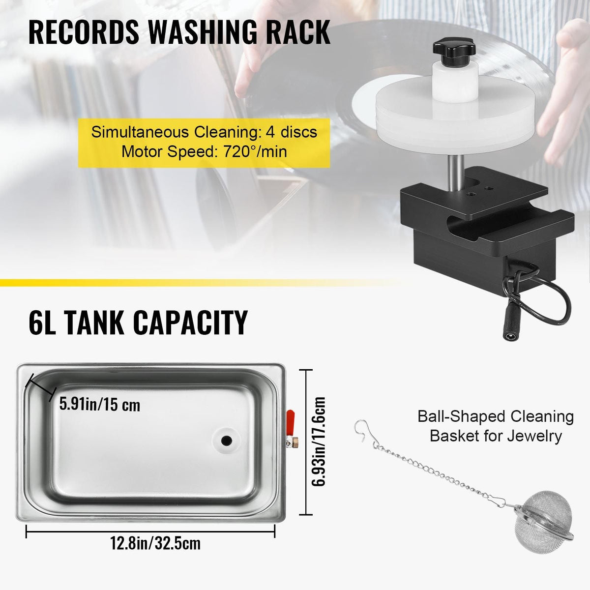 Ultrasonic Vinyl Record Cleaner 6L 40kHz Vinyl Ultrasonic Cleaning Machine Knob Control Record Ultrasonic Cleaner 4 Records Vinyl Sonic Cleaner Stainless Steel Tank with Mechanical Heater & Time