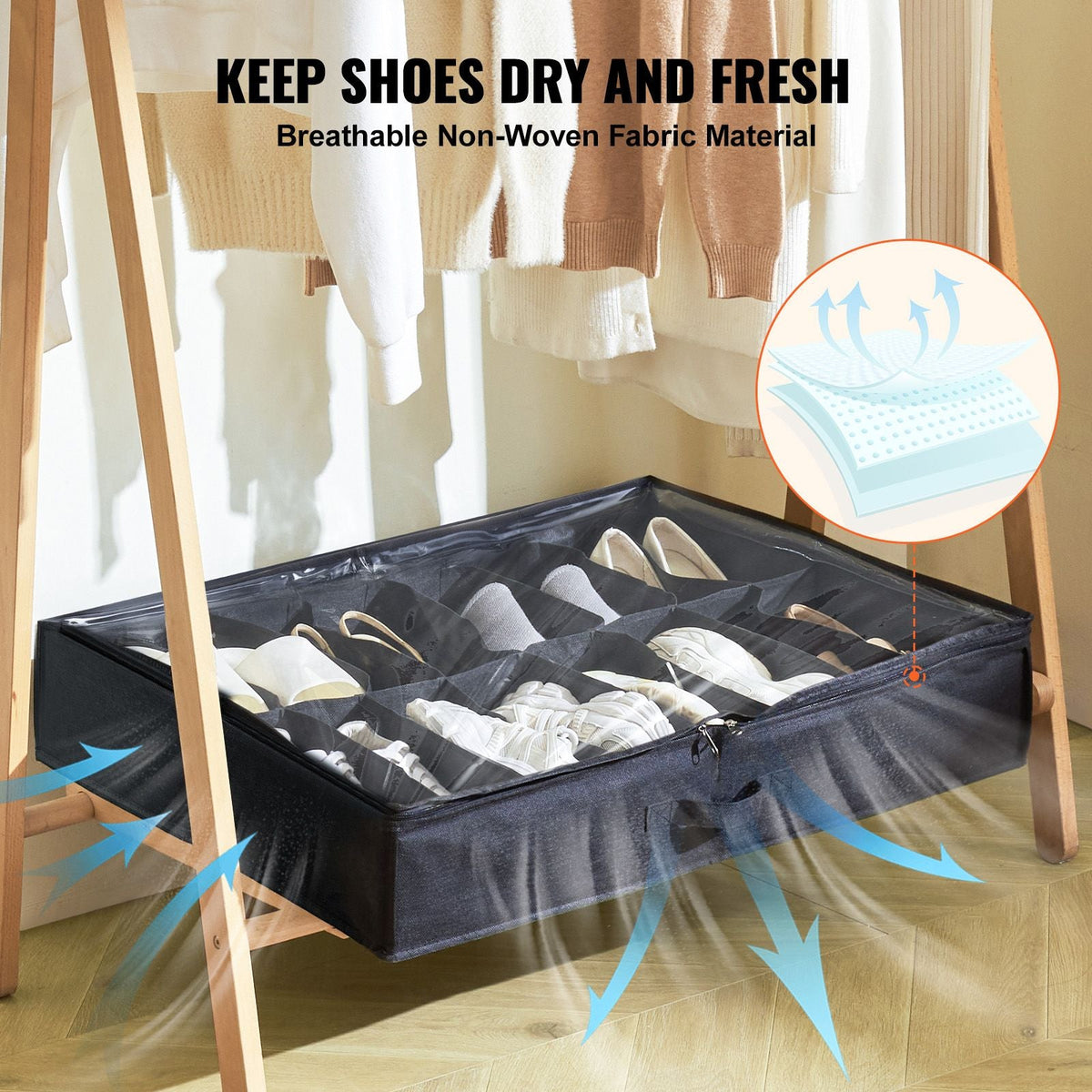 Under Bed Shoe Storage Organizer, Set of 2, Total 32 Compartments, Underbed Shoes Closet Storage Solution with Clear Window, Breathable, Foldable Fabric Container Box with Reinforced Handles