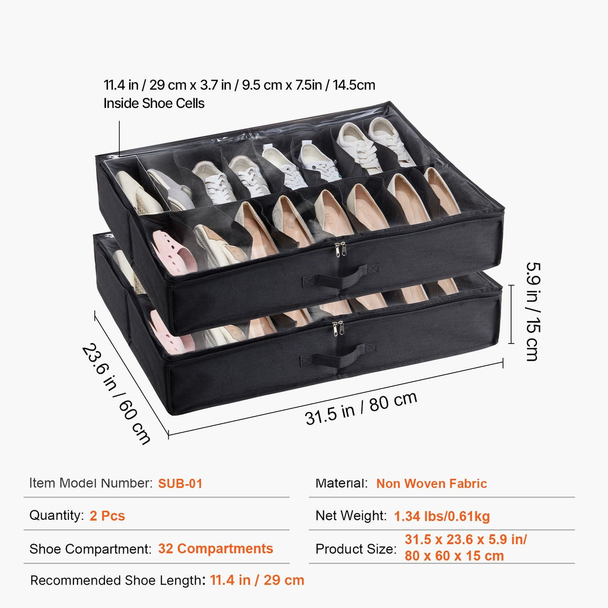 Under Bed Shoe Storage Organizer, Set of 2, Total 32 Compartments, Underbed Shoes Closet Storage Solution with Clear Window, Breathable, Foldable Fabric Container Box with Reinforced Handles