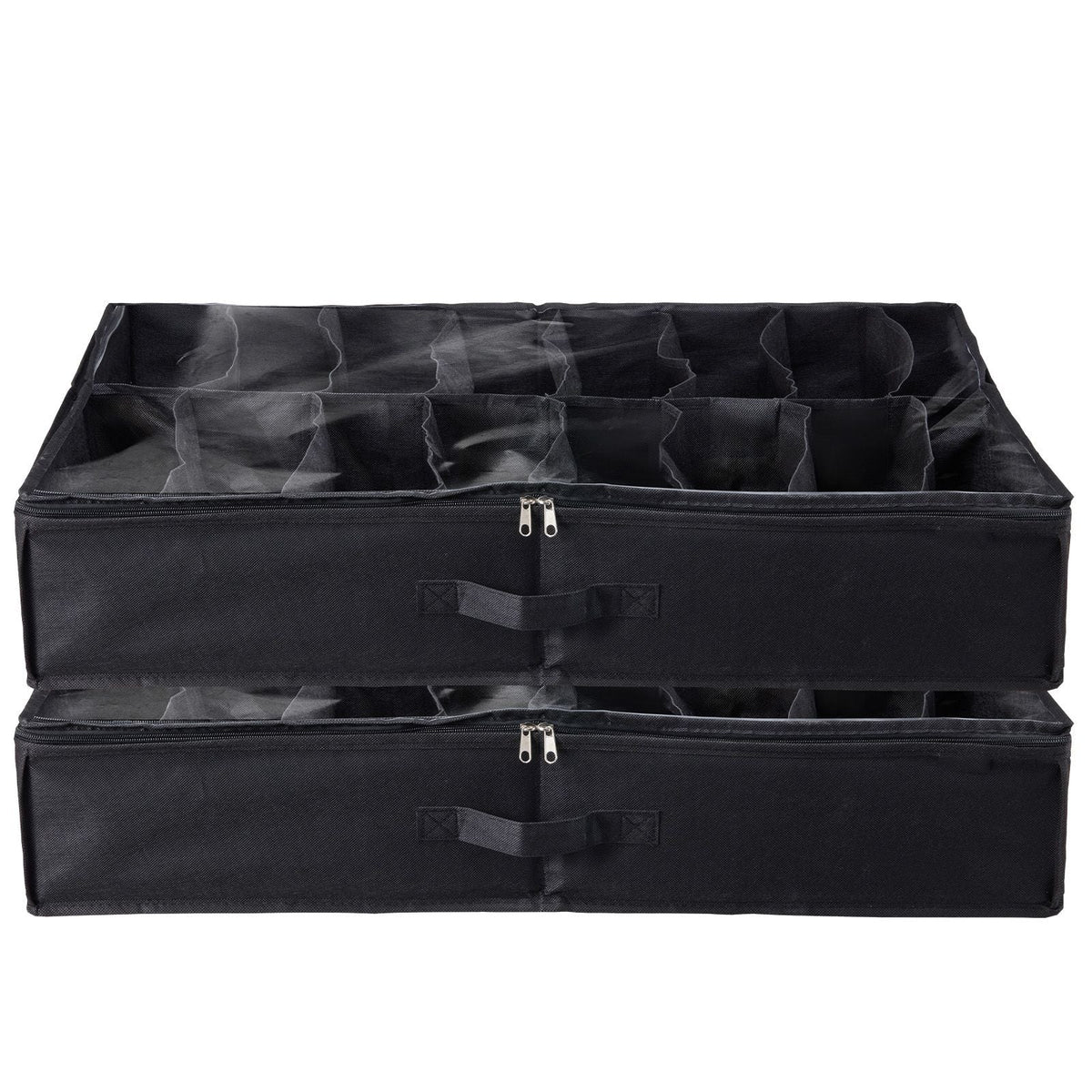Under Bed Shoe Storage Organizer, Set of 2, Total 32 Compartments, Underbed Shoes Closet Storage Solution with Clear Window, Breathable, Foldable Fabric Container Box with Reinforced Handles
