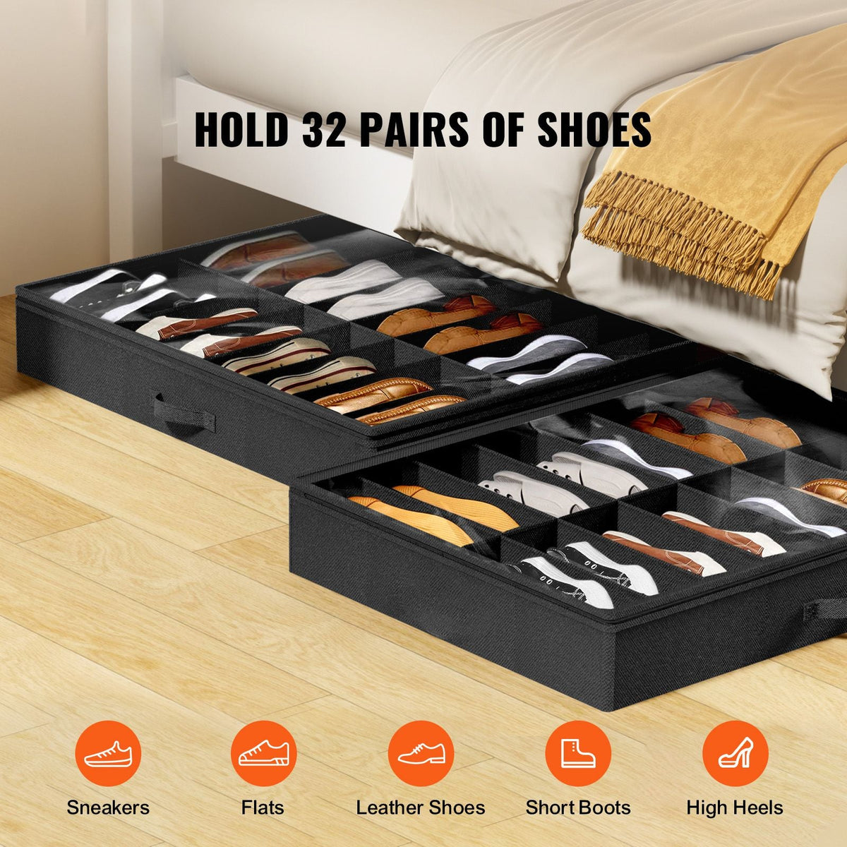 Under Bed Shoe Storage Organizer, Set of 2, Total 32 Compartments, Underbed Shoes Closet Storage Solution with Clear Window, Breathable, Foldable Fabric Container Box with Reinforced Handles
