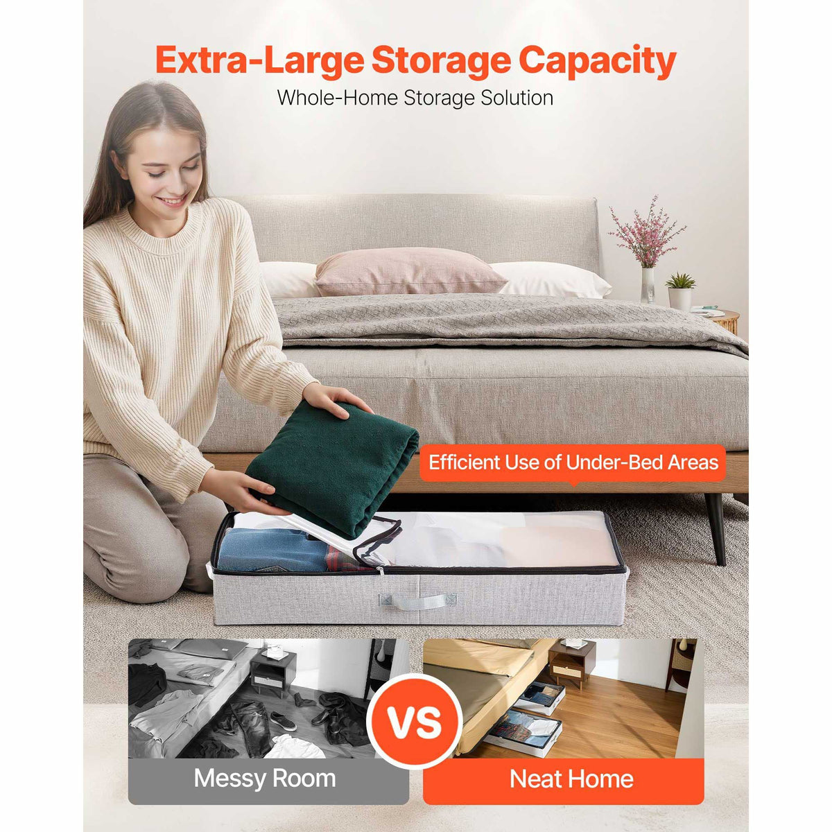 Under Bed Storage with Clear Lids, 33.5 x 16.9 x 4.7 Inch, 45L Large Underbed Clothes Storage Containers, Low Profile Under Bed Drawer Shoe Organizer Bins Box for Blanket Shoe Bedroom, 2 Pack