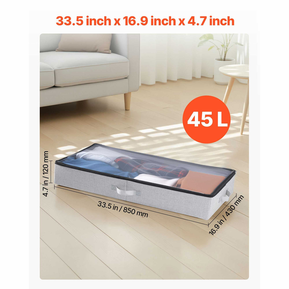 Under Bed Storage with Clear Lids, 33.5 x 16.9 x 4.7 Inch, 45L Large Underbed Clothes Storage Containers, Low Profile Under Bed Drawer Shoe Organizer Bins Box for Blanket Shoe Bedroom, 2 Pack