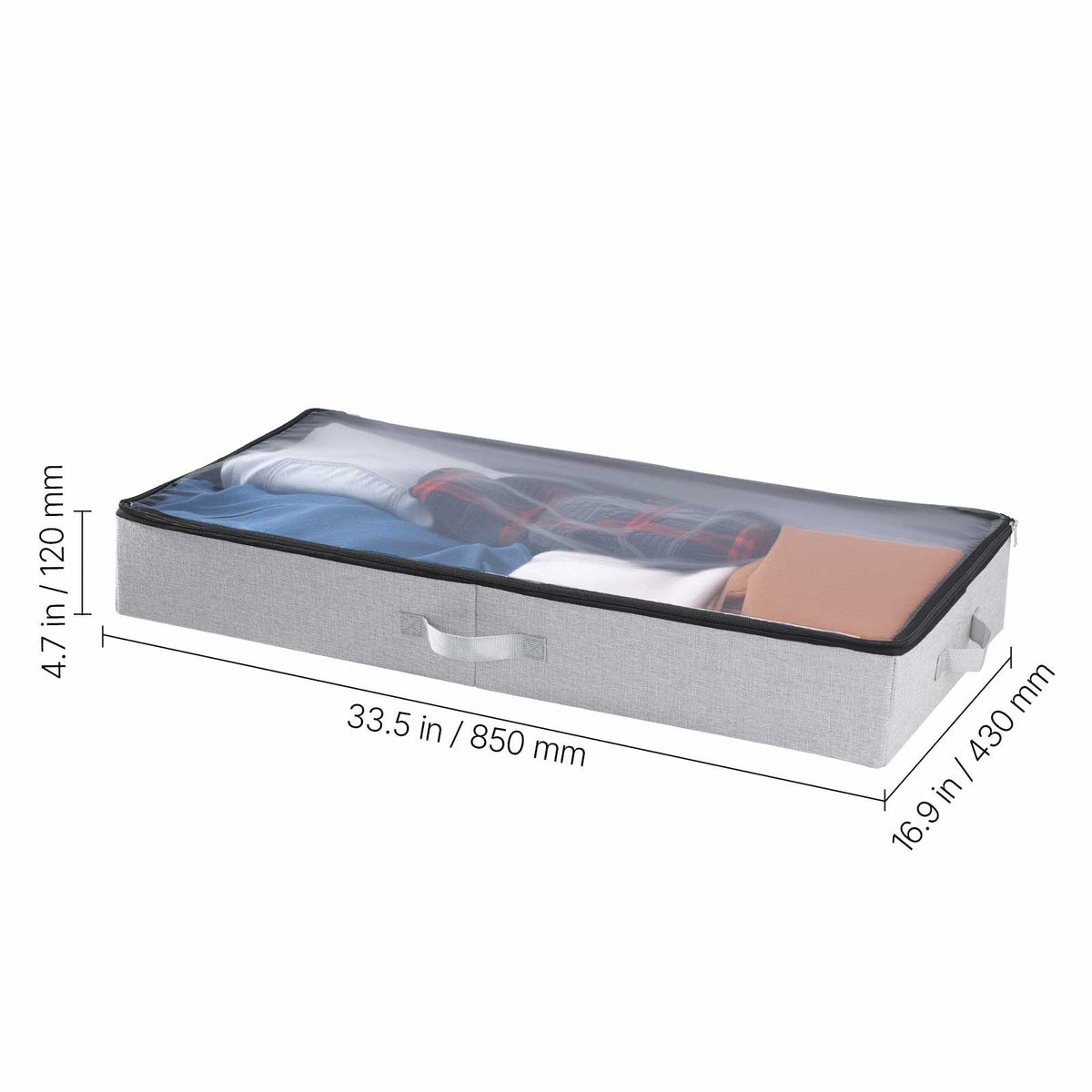 Under Bed Storage with Clear Lids, 33.5 x 16.9 x 4.7 Inch, 45L Large Underbed Clothes Storage Containers, Low Profile Under Bed Drawer Shoe Organizer Bins Box for Blanket Shoe Bedroom, 2 Pack