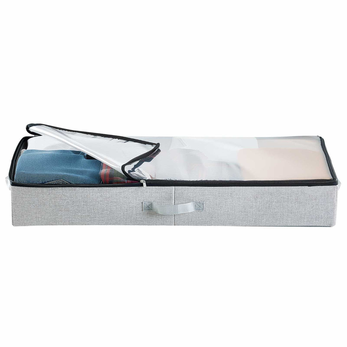 Under Bed Storage with Clear Lids, 33.5 x 16.9 x 4.7 Inch, 45L Large Underbed Clothes Storage Containers, Low Profile Under Bed Drawer Shoe Organizer Bins Box for Blanket Shoe Bedroom, 2 Pack