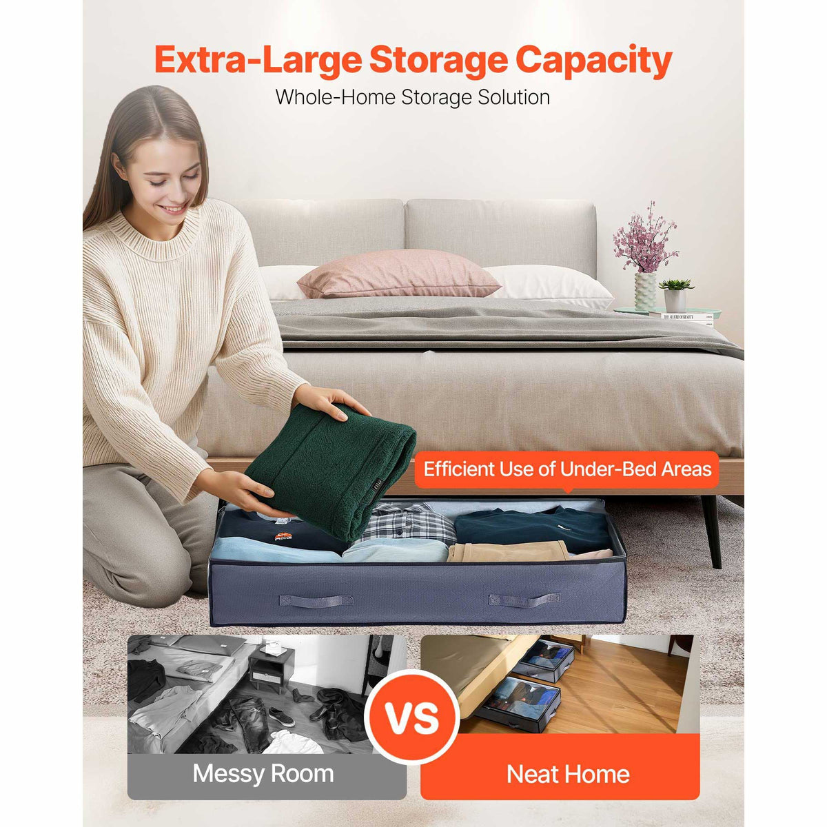 Under Bed Storage with Clear Lids, 39.2 x 19.7 x 7.1 Inch, 90L Large Underbed Clothes Storage Containers, Low Profile Under Bed Drawer Shoe Organizer Bins Box for Blanket Shoe Bedroom, 4 Pack