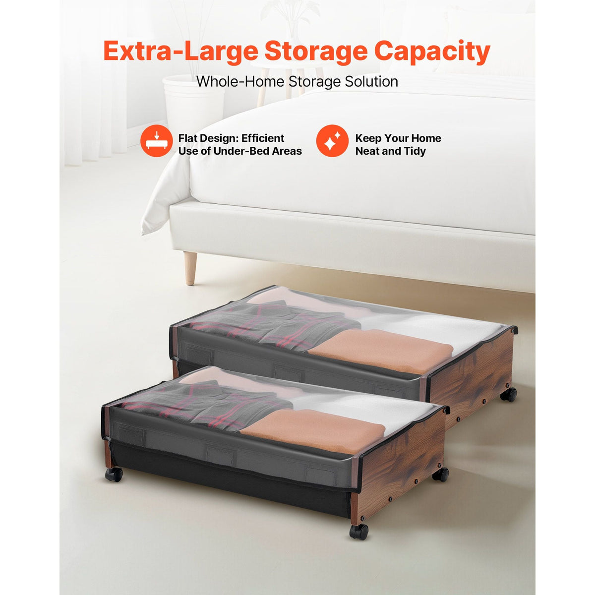Under Bed Storage with Wheels, 25.6 x 18.1 x 7.1 inch Underbed Containers, Underbed Shoes Organizer with Lockable Wheels, Rolling Under the Bed Storage Bins for Clothes, Shoes, Blankets, 2 Pack
