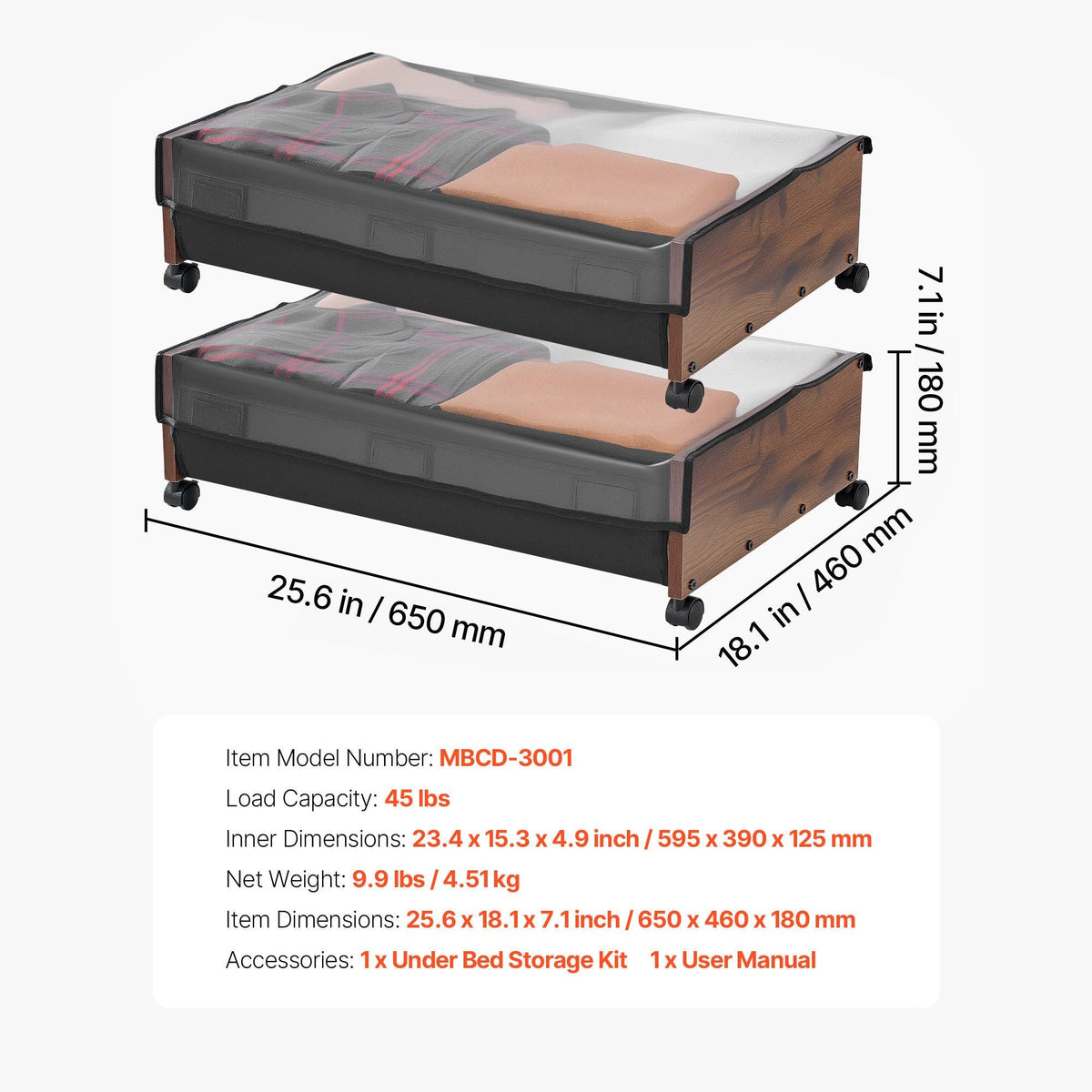 Under Bed Storage with Wheels, 25.6 x 18.1 x 7.1 inch Underbed Containers, Underbed Shoes Organizer with Lockable Wheels, Rolling Under the Bed Storage Bins for Clothes, Shoes, Blankets, 2 Pack