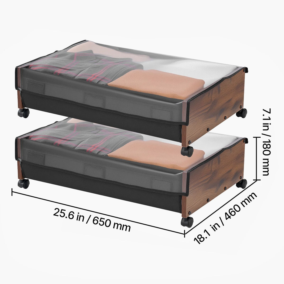 Under Bed Storage with Wheels, 25.6 x 18.1 x 7.1 inch Underbed Containers, Underbed Shoes Organizer with Lockable Wheels, Rolling Under the Bed Storage Bins for Clothes, Shoes, Blankets, 2 Pack