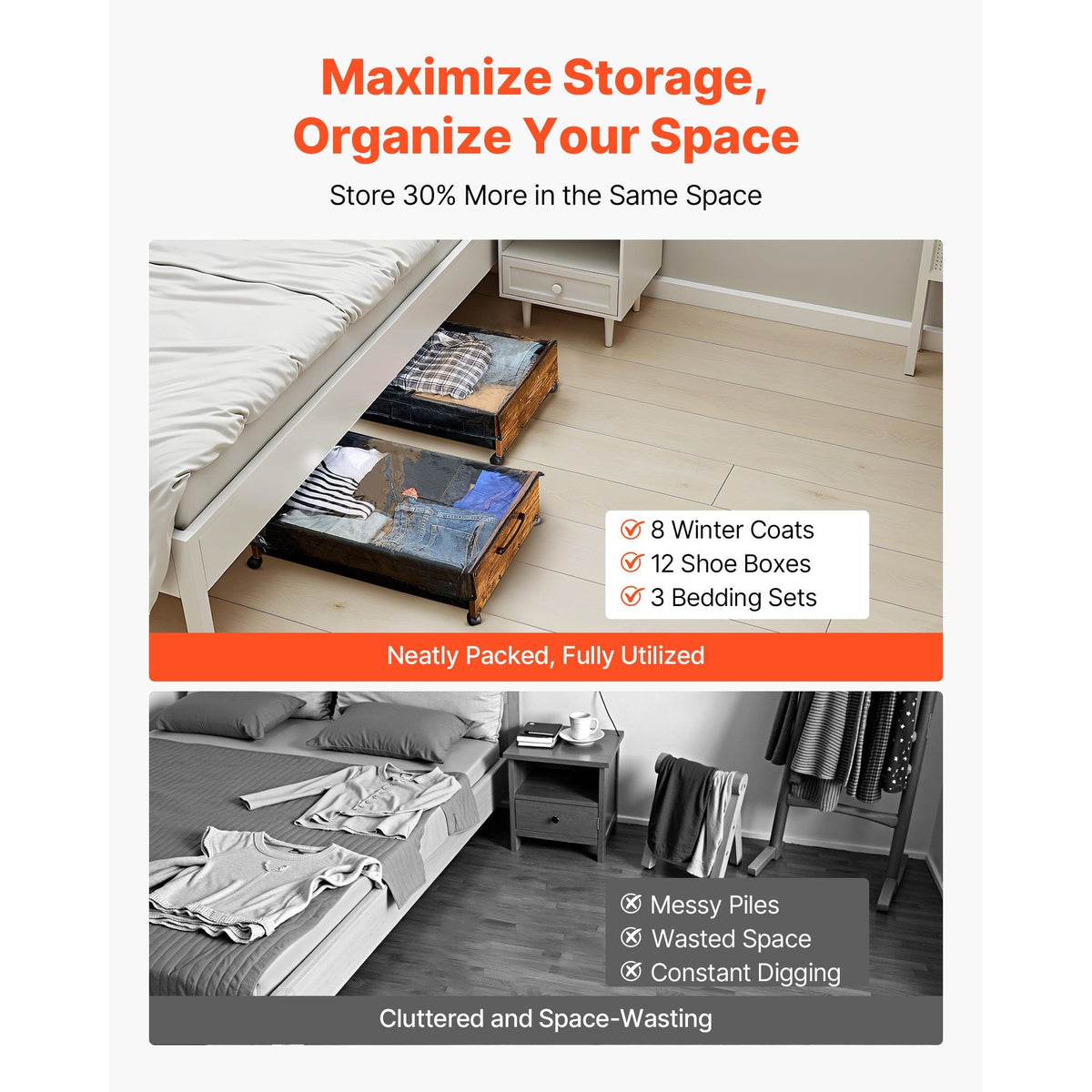 Under Bed Storage with Wheels, 25.6 x 18.1 x 7.1 inch Underbed Containers, Underbed Shoes Organizer with Lockable Wheels, Rolling Under the Bed Storage Bins for Clothes, Shoes, Blankets, 2 Pack