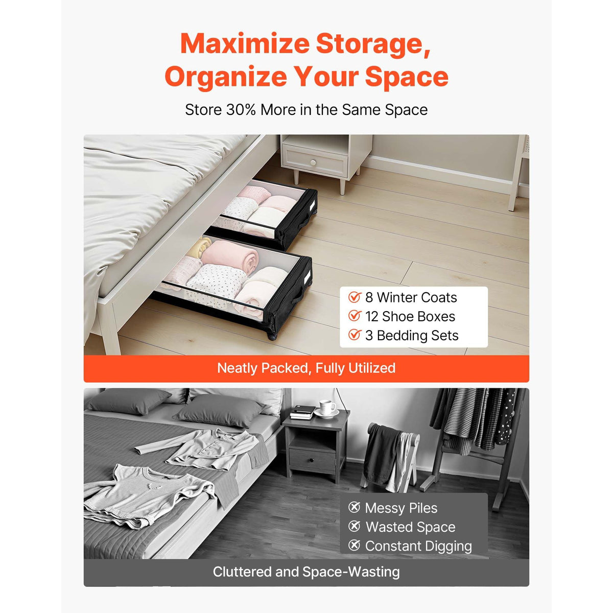 Under Bed Storage with Wheels, 30.3 x 18.5 x 6.8 inch, Underbed Containers with Clear Lid, Underbed Shoe Organizer, Rolling Under the Bed Storage Bins for Clothes Shoes Blankets Bedroom, 2 Pack