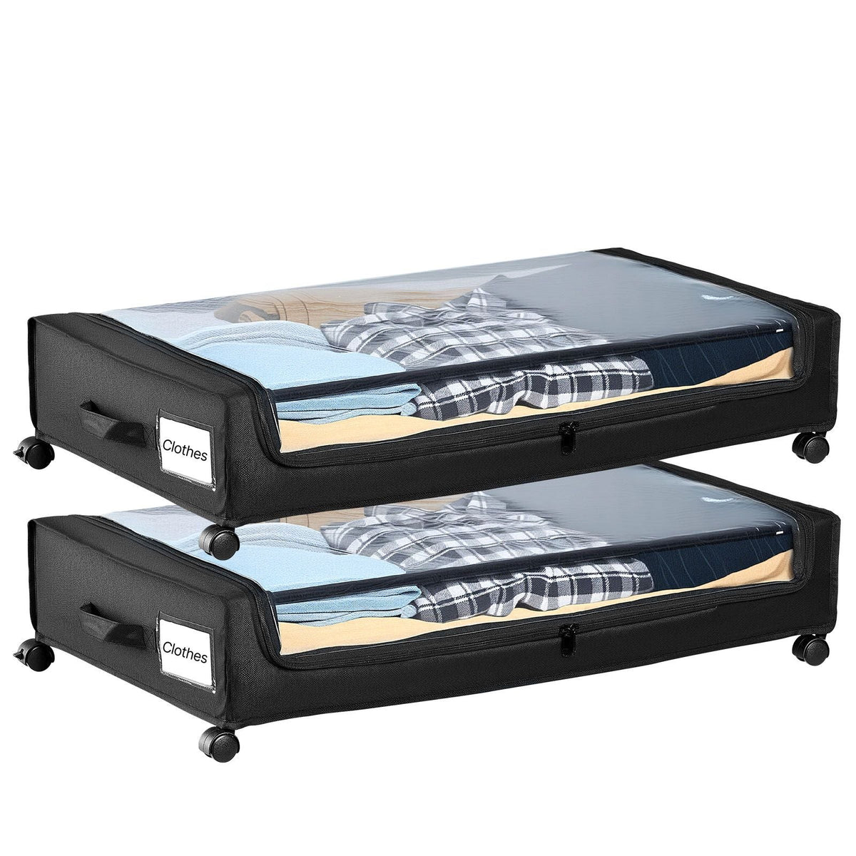 Under Bed Storage with Wheels, 30.3 x 18.5 x 6.8 inch, Underbed Containers with Clear Lid, Underbed Shoe Organizer, Rolling Under the Bed Storage Bins for Clothes Shoes Blankets Bedroom, 2 Pack