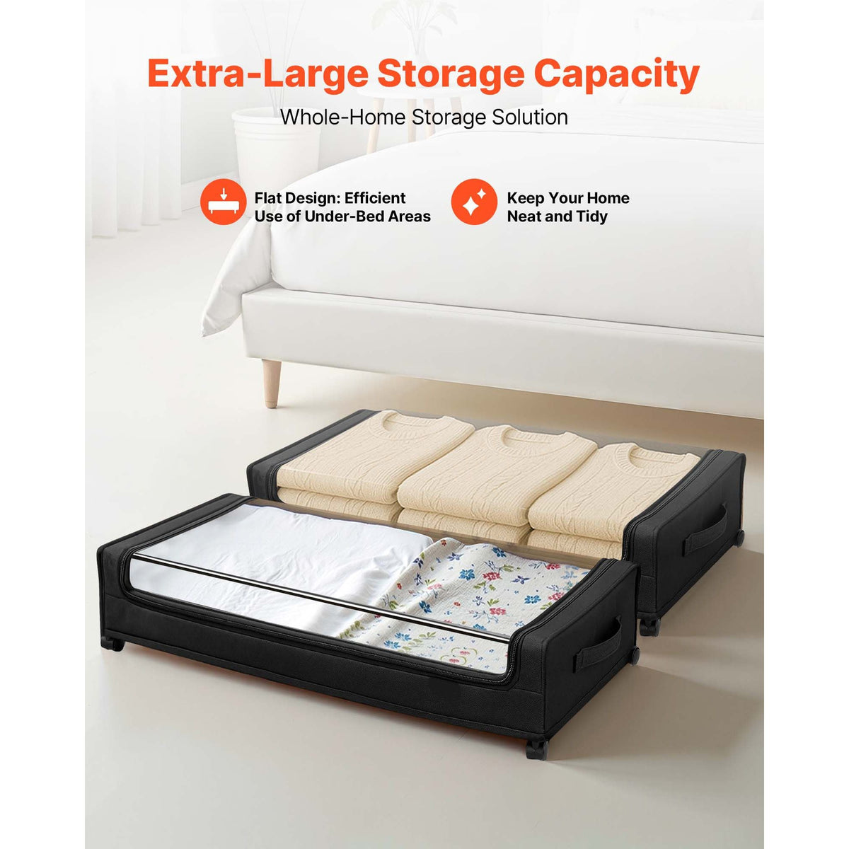 Under Bed Storage with Wheels, 30.3 x 18.5 x 6.8 inch, Underbed Containers with Clear Lid, Underbed Shoe Organizer, Rolling Under the Bed Storage Bins for Clothes Shoes Blankets Bedroom, 2 Pack