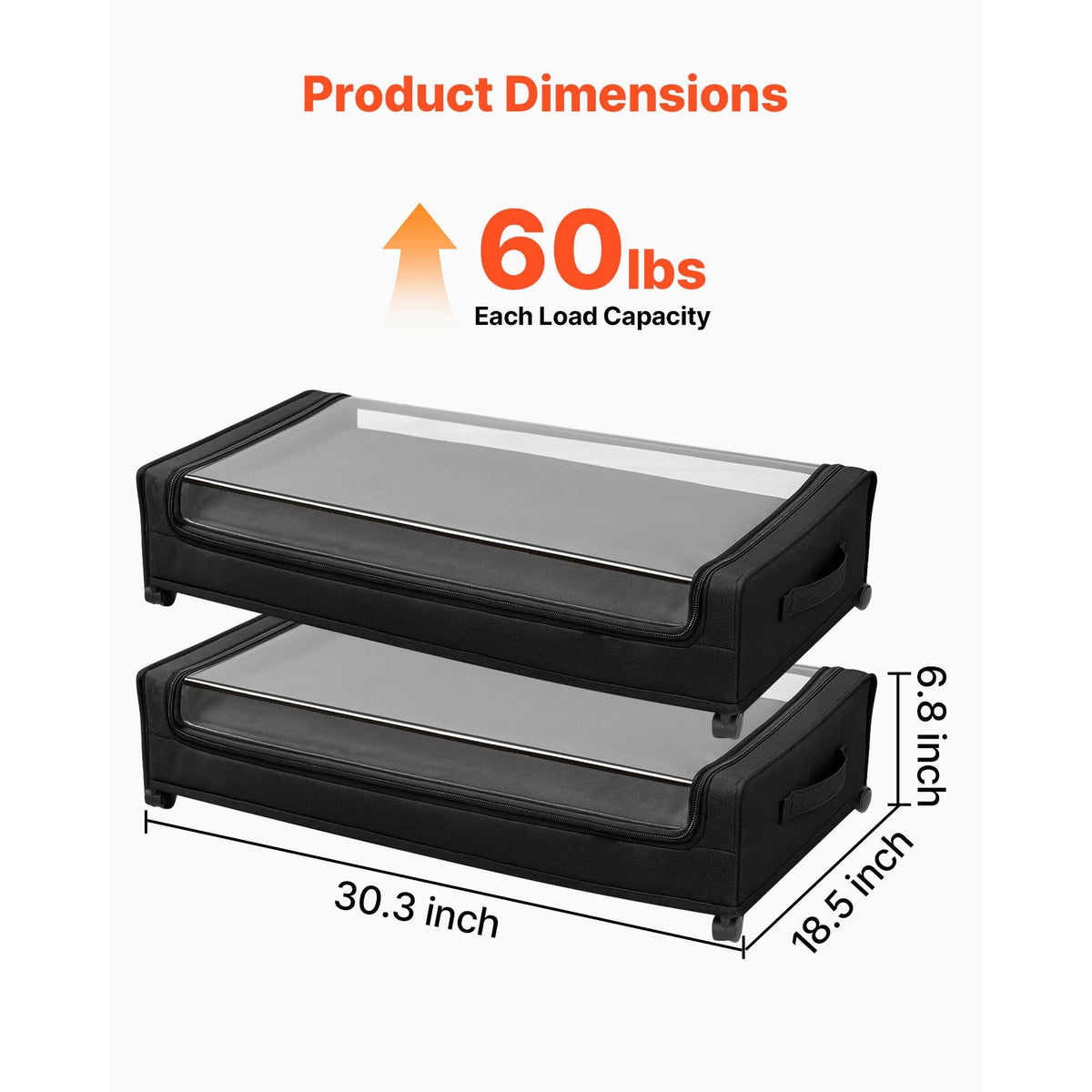 Under Bed Storage with Wheels, 30.3 x 18.5 x 6.8 inch, Underbed Containers with Clear Lid, Underbed Shoe Organizer, Rolling Under the Bed Storage Bins for Clothes Shoes Blankets Bedroom, 2 Pack