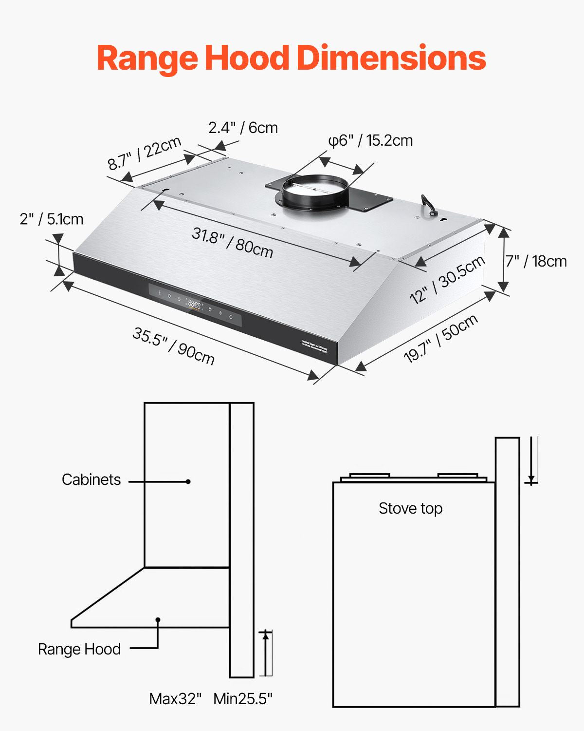 Under Cabinet Range Hood, 36 Inch Kitchen Vent Hood, 900CFM Dual Motors Stainless Steel Stove Hood, with Gesture & Touch Control, LED Light, and 4-Speed Exhaust Fan