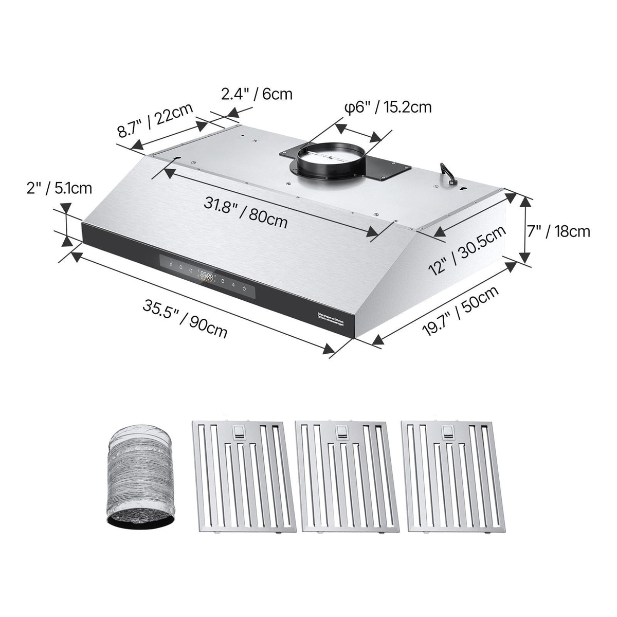 Under Cabinet Range Hood, 36 Inch Kitchen Vent Hood, 900CFM Dual Motors Stainless Steel Stove Hood, with Gesture & Touch Control, LED Light, and 4-Speed Exhaust Fan