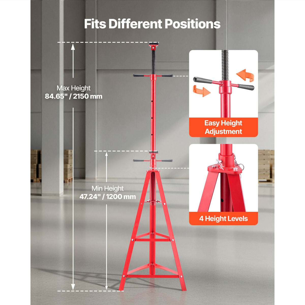 Under Hoist Tripod Stand, 2 Ton (4409 lbs) Capacity High Lift Jack Stand Reach Underhoist Support, Lifting from 47.24" to 84.65", 4-Level Adjustable Height, Heavy Duty Carbon Steel for Car Lift