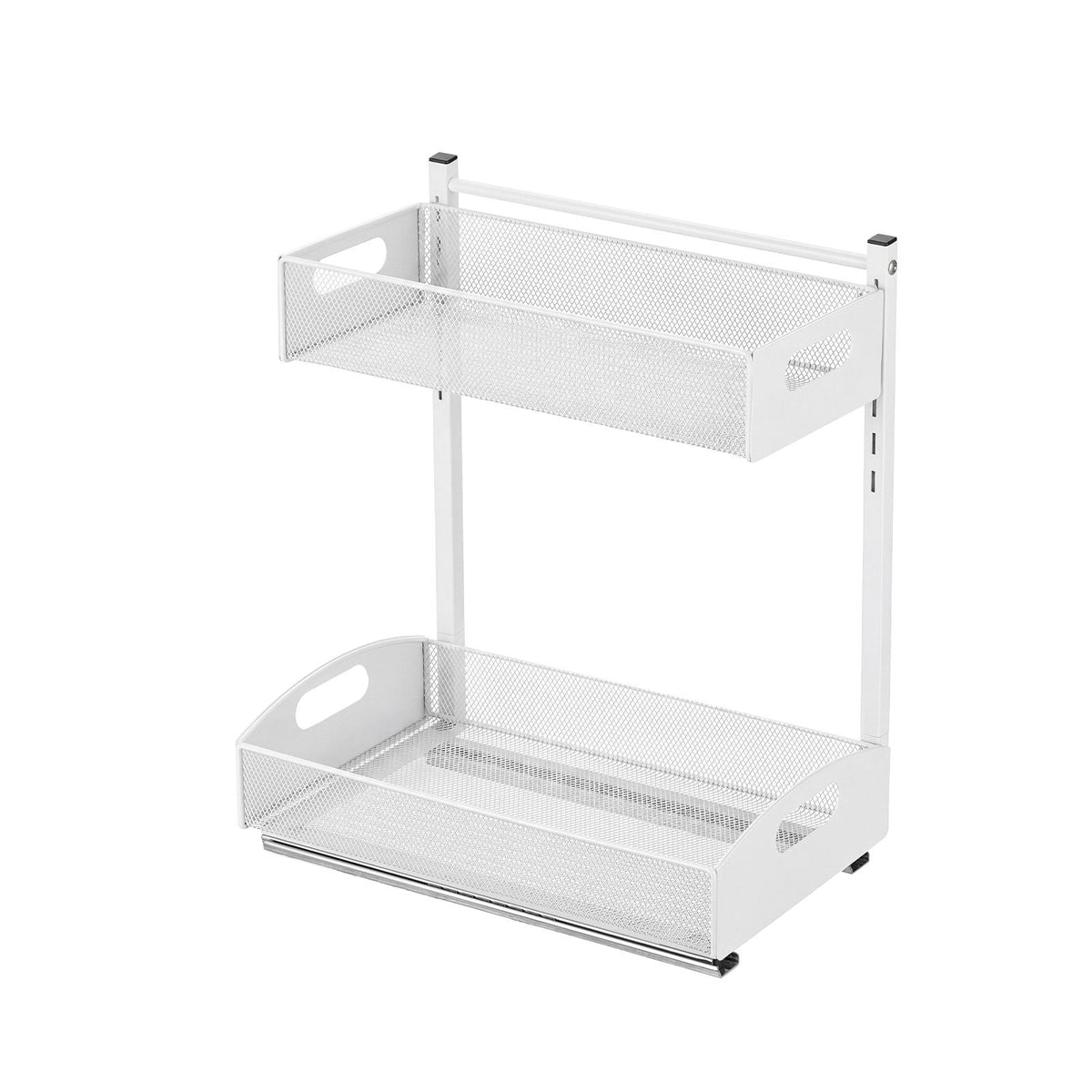 Under Sink Organizer, 2 Pack 2-Tier Pull Out Cabinet Organizer with 4-Level Height Adjustment, Metal Slide Out Shelf, Multi-Purpose Cabinet Organizers and Storage for Bathroom & Kitchen, White