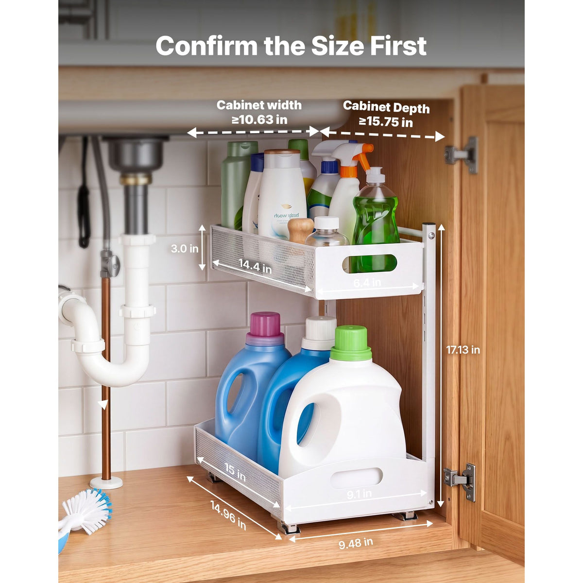Under Sink Organizer, 2 Pack 2-Tier Pull Out Cabinet Organizer with 4-Level Height Adjustment, Metal Slide Out Shelf, Multi-Purpose Cabinet Organizers and Storage for Bathroom & Kitchen, White