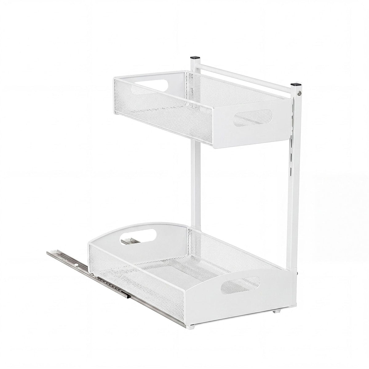 Under Sink Organizer, 2 Pack 2-Tier Pull Out Cabinet Organizer with 4-Level Height Adjustment, Metal Slide Out Shelf, Multi-Purpose Cabinet Organizers and Storage for Bathroom & Kitchen, White