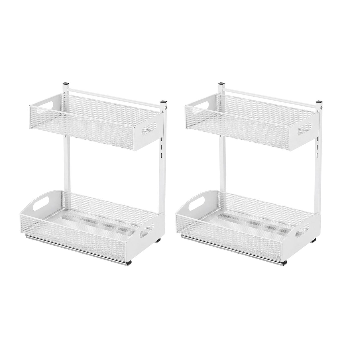 Under Sink Organizer, 2 Pack 2-Tier Pull Out Cabinet Organizer with 4-Level Height Adjustment, Metal Slide Out Shelf, Multi-Purpose Cabinet Organizers and Storage for Bathroom & Kitchen, White