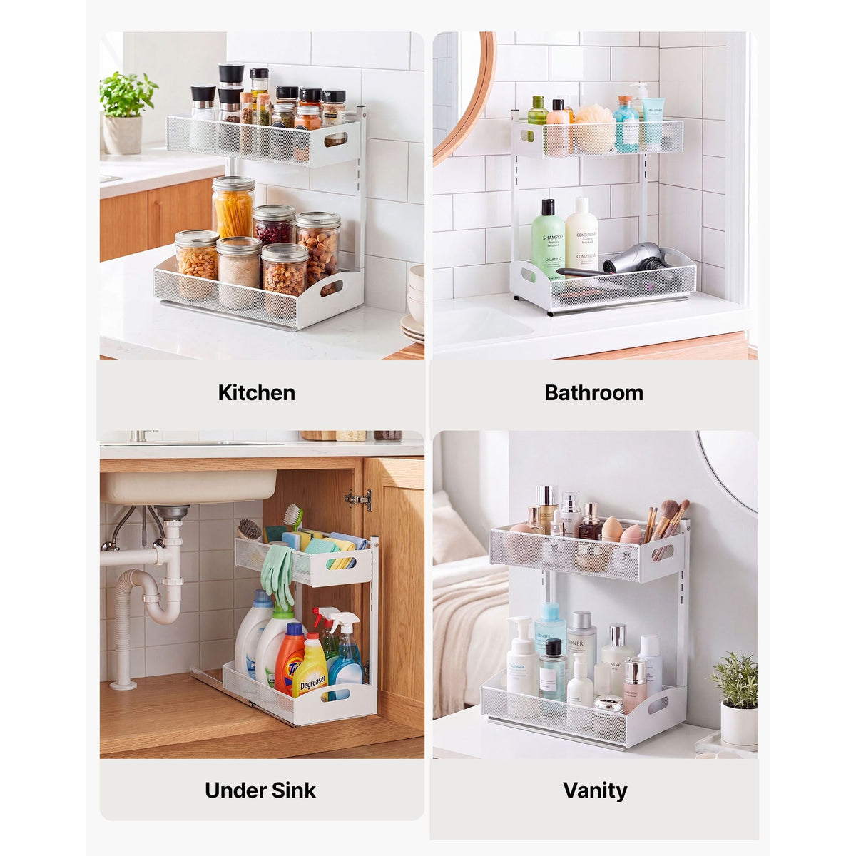 Under Sink Organizer, 2 Pack 2-Tier Pull Out Cabinet Organizer with 4-Level Height Adjustment, Metal Slide Out Shelf, Multi-Purpose Cabinet Organizers and Storage for Bathroom & Kitchen, White
