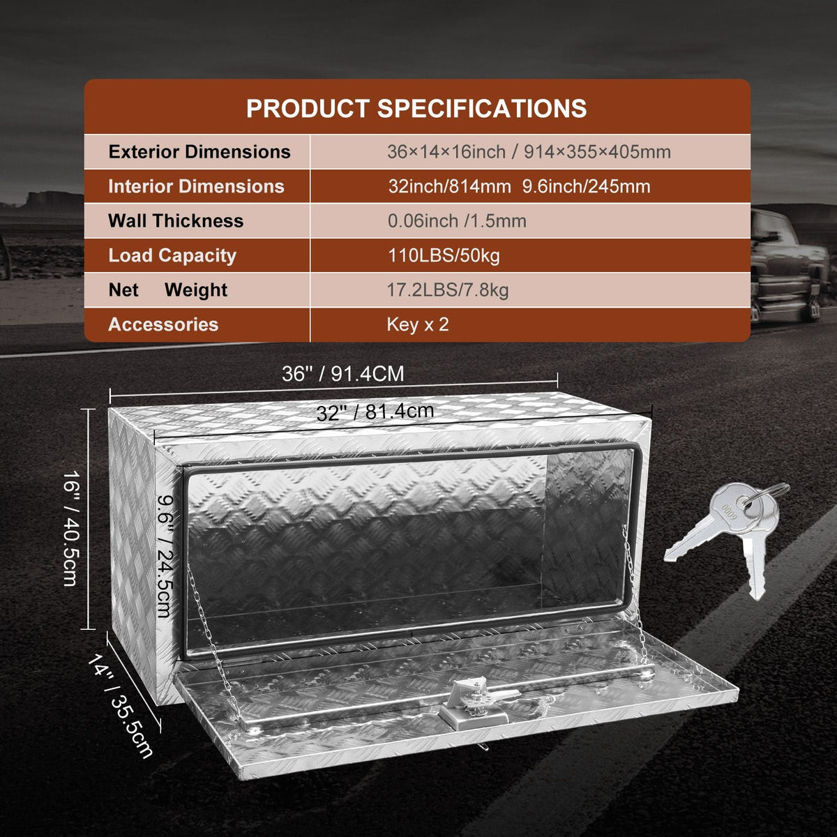 Underbody Truck Box, 36"×14"×16" Pickup Storage Box, Heavy Duty Aluminum Diamond Plate Tool Box with Lock and Keys, Waterproof Trailer Storage Box with T-Handle Latch for Truck, Van, Trailer