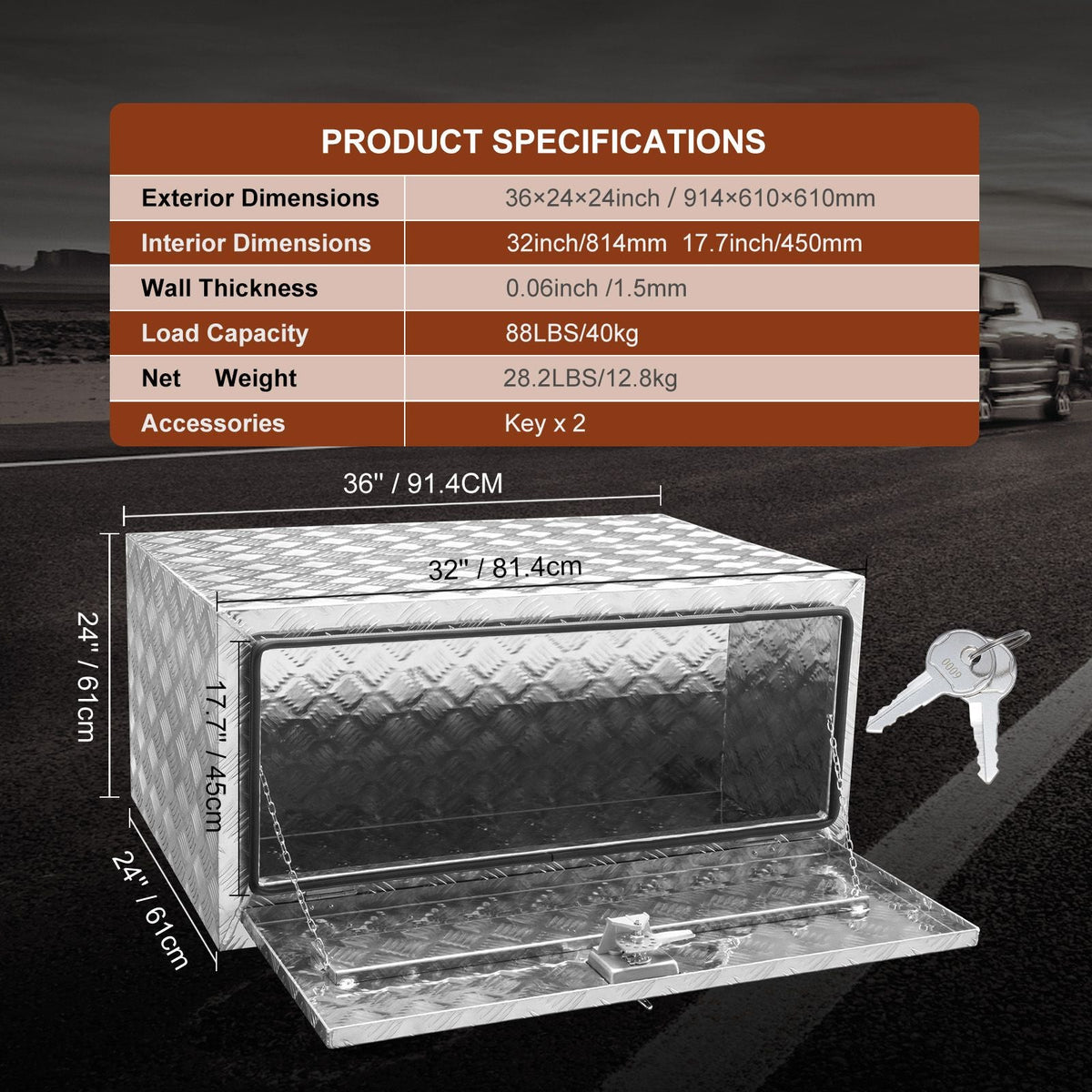 Underbody Truck Box, 36"×24"×24" Pickup Storage Box, Heavy Duty Aluminum Diamond Plate Tool Box with Lock and Keys, Waterproof Trailer Storage Box with T-Handle Latch for Truck, Van, Trailer