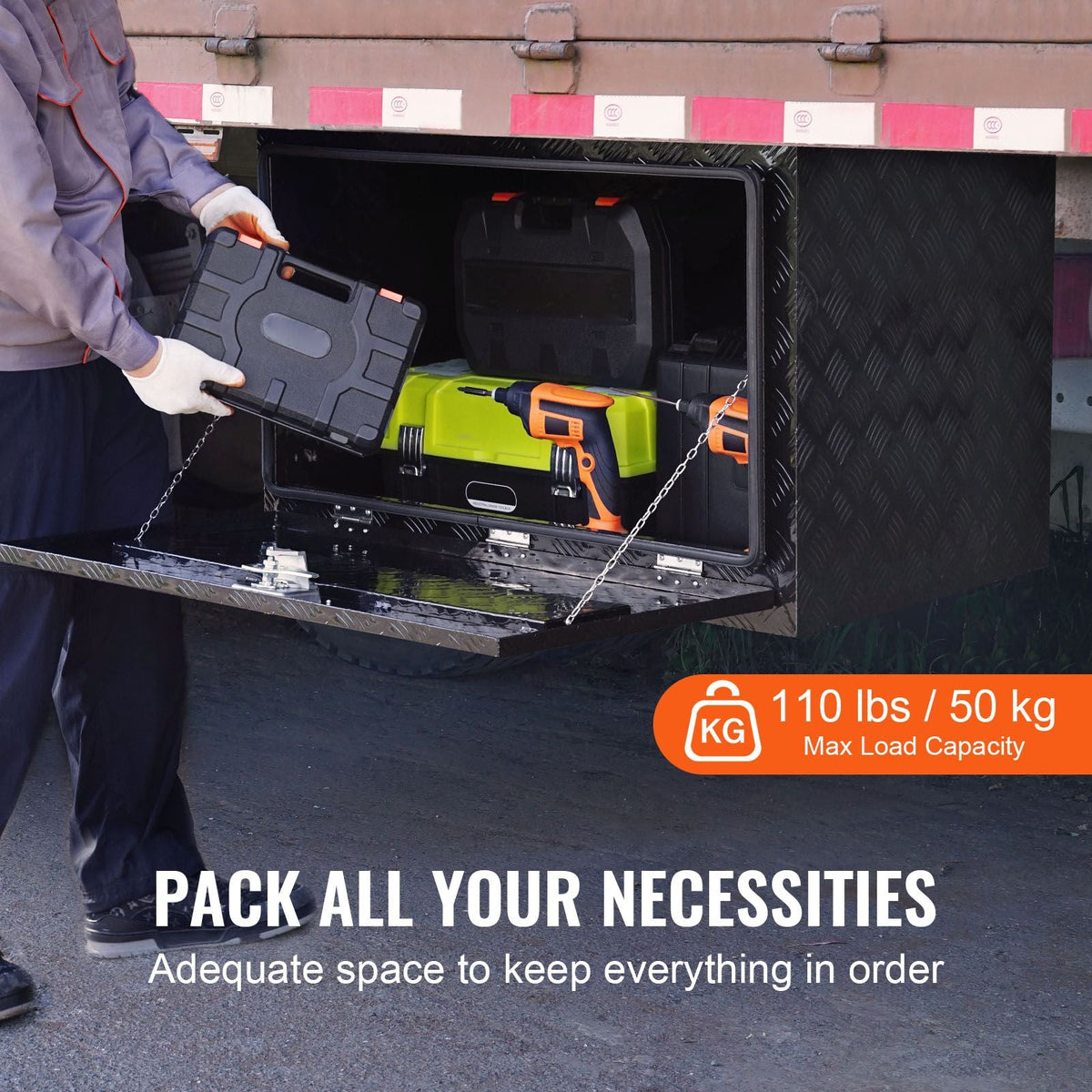 Underbody Truck Box, 48" x 17" x 18" Pickup Storage Box, Heavy Duty Aluminum Diamond Plate Tool Box with Lock and Keys, Waterproof Trailer Storage Box with T-Handle Latch for Truck, Van, Trailer