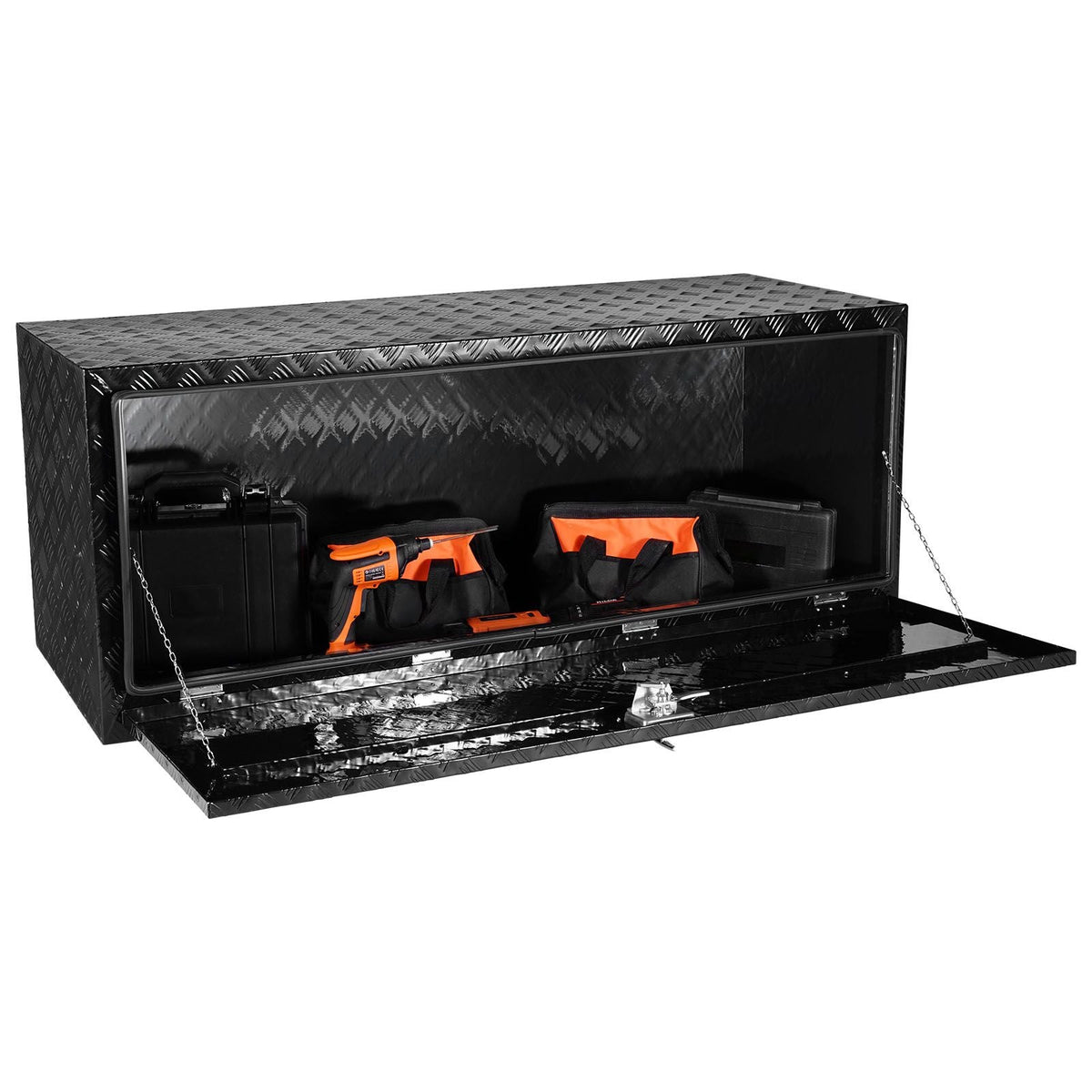 Underbody Truck Box, 60" x 24" x 24" Pickup Storage Box, Heavy Duty Aluminum Diamond Plate Tool Box with Lock and Keys, Waterproof Trailer Storage Box with T-Handle Latch for Truck, Van, Trailer