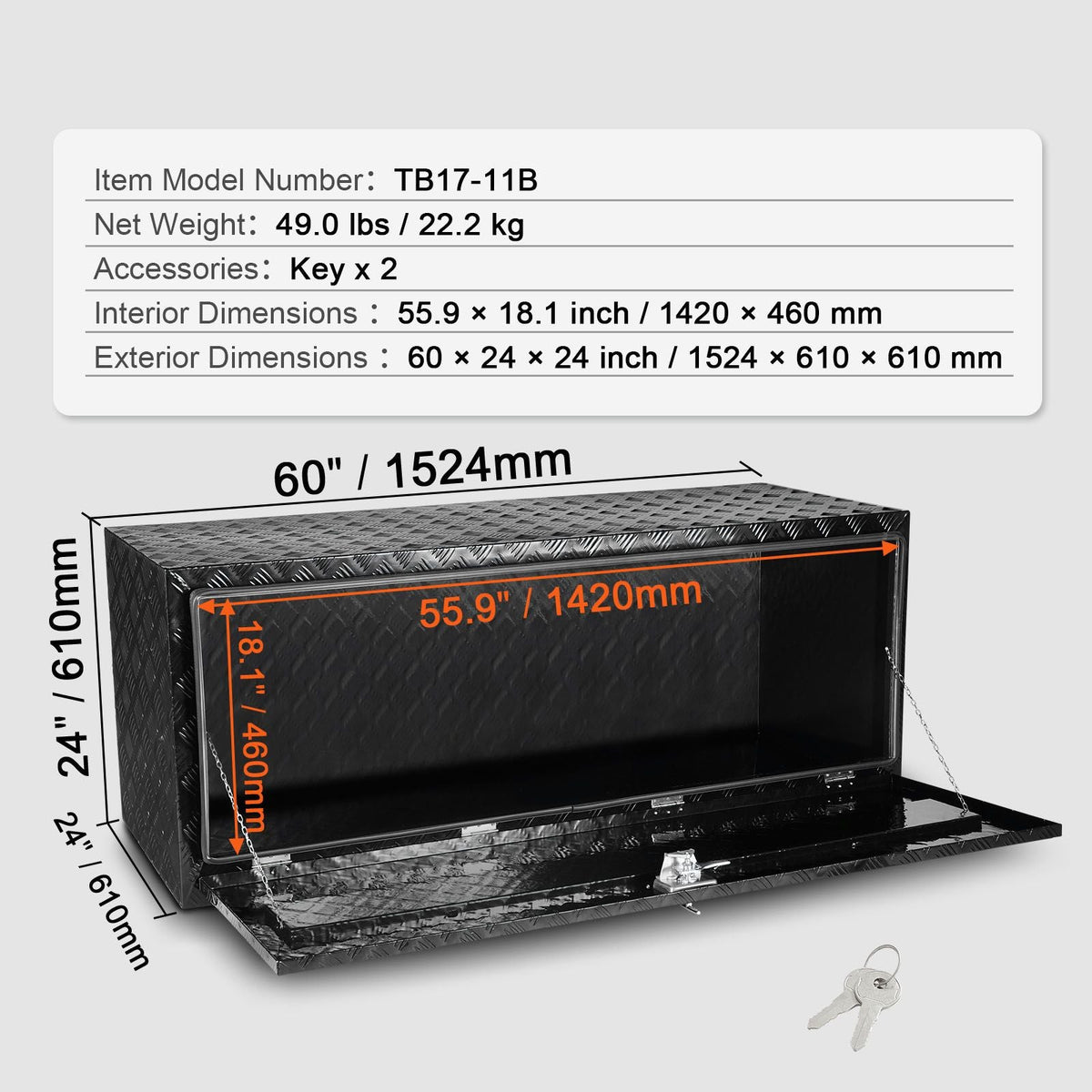 Underbody Truck Box, 60" x 24" x 24" Pickup Storage Box, Heavy Duty Aluminum Diamond Plate Tool Box with Lock and Keys, Waterproof Trailer Storage Box with T-Handle Latch for Truck, Van, Trailer