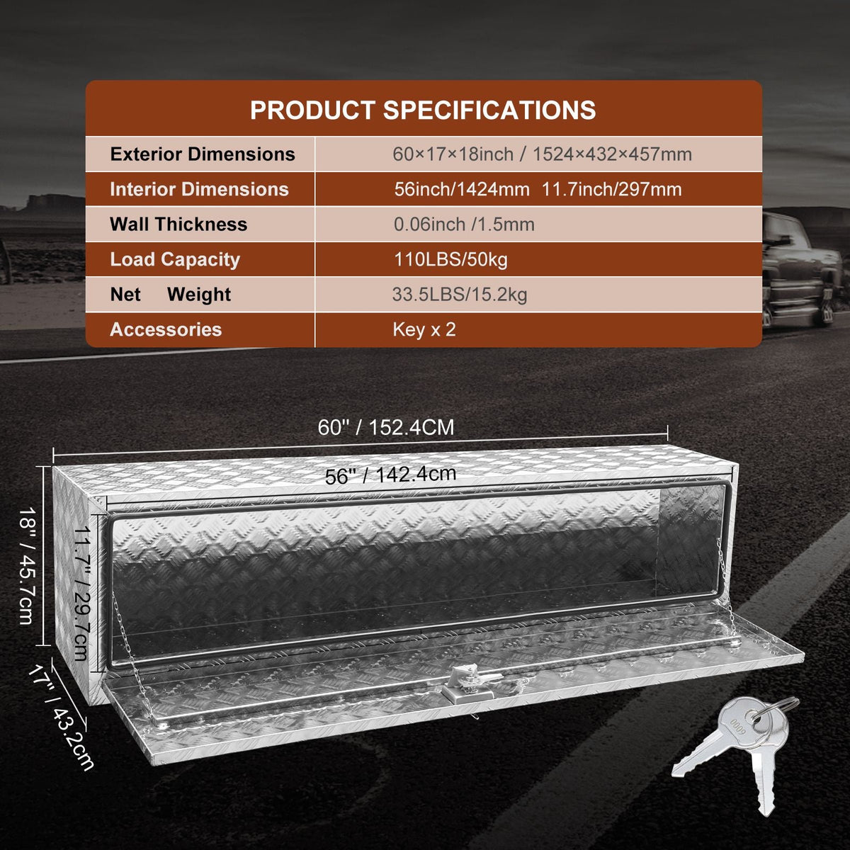 Underbody Truck Box, 60"×17"×18" Pickup Storage Box, Heavy Duty Aluminum Diamond Plate Tool Box with Lock and Keys, Waterproof Trailer Storage Box with T-Handle Latch for Truck, Van, Trailer