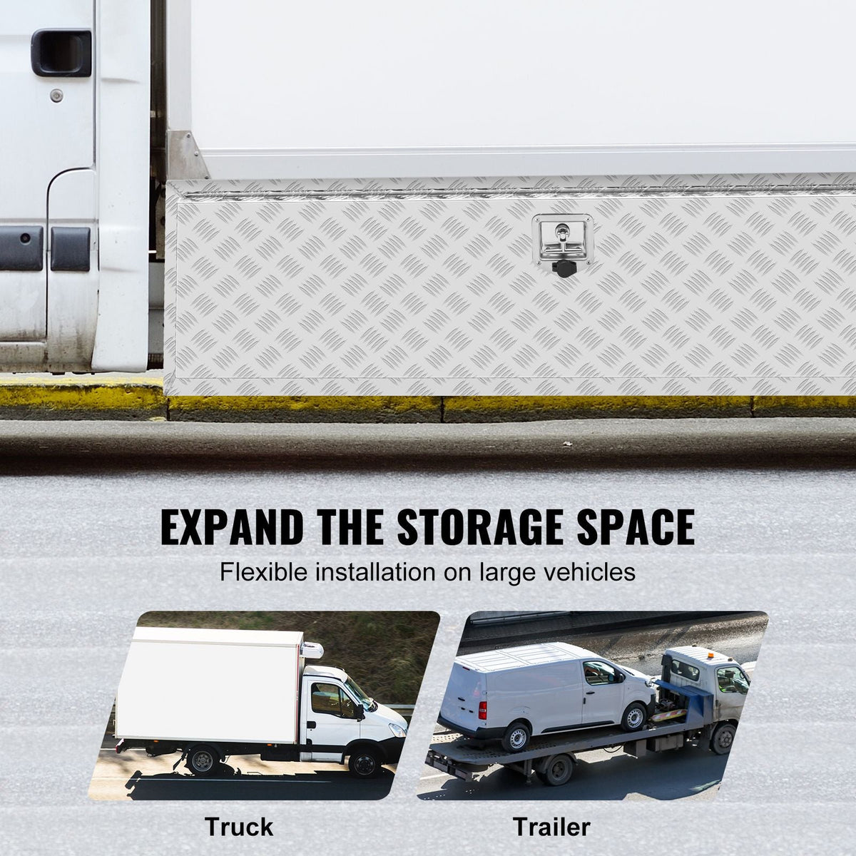 Underbody Truck Box, 60"×17"×18" Pickup Storage Box, Heavy Duty Aluminum Diamond Plate Tool Box with Lock and Keys, Waterproof Trailer Storage Box with T-Handle Latch for Truck, Van, Trailer