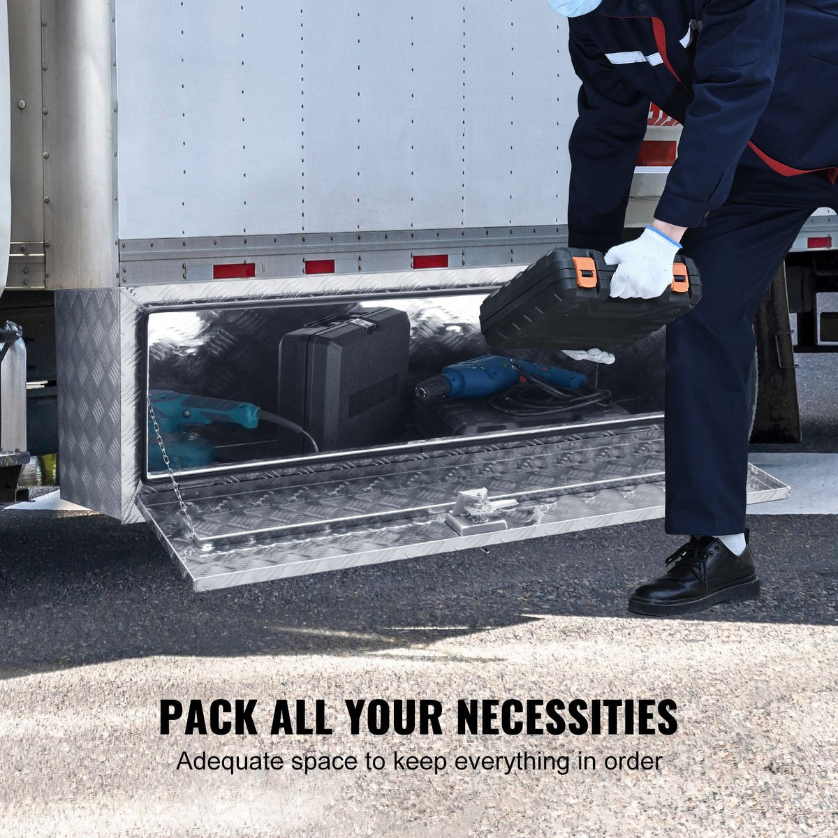 Underbody Truck Box, 60"×17"×18" Pickup Storage Box, Heavy Duty Aluminum Diamond Plate Tool Box with Lock and Keys, Waterproof Trailer Storage Box with T-Handle Latch for Truck, Van, Trailer